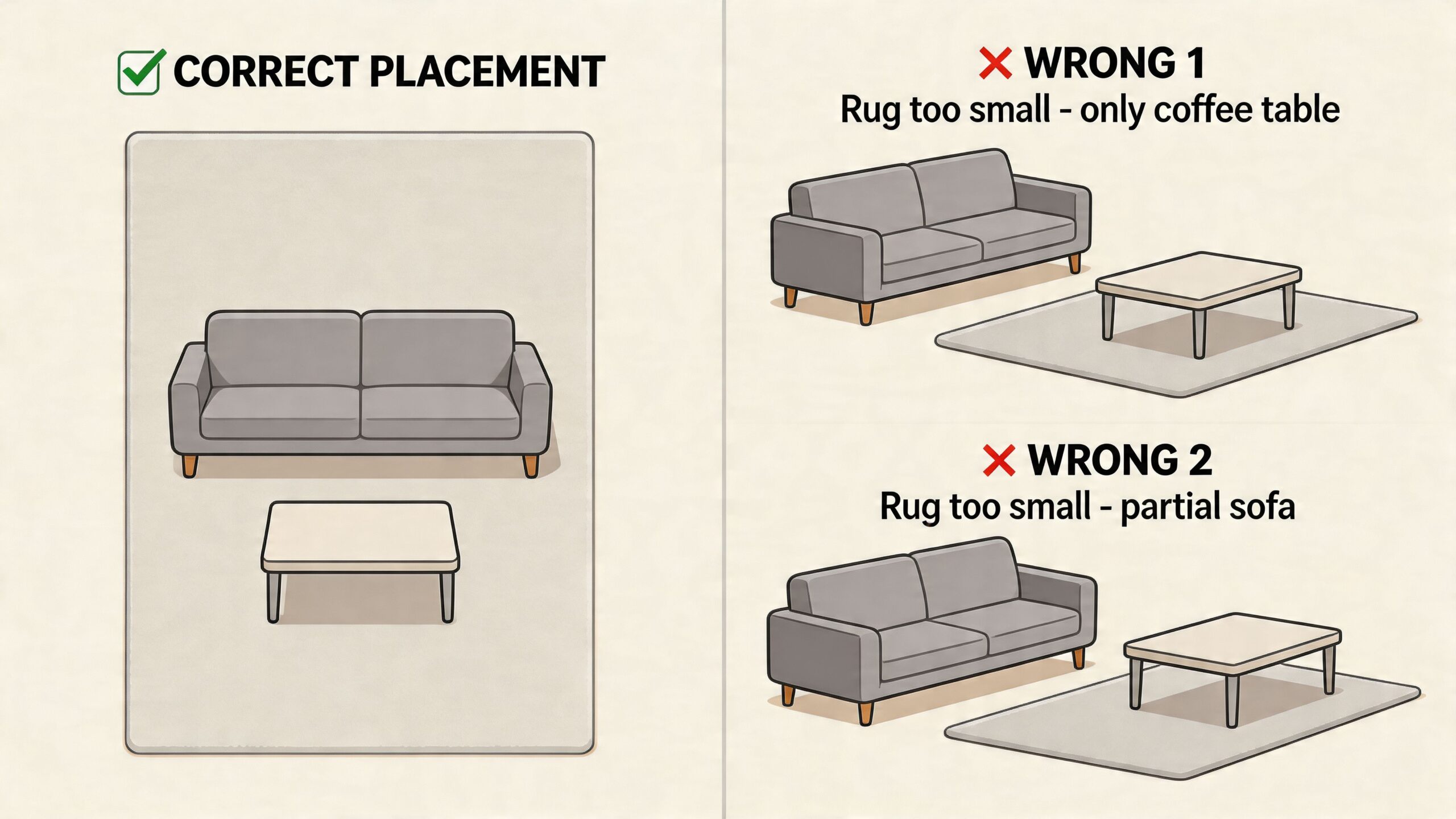 A diagram comparing the correct placement of a sofa on a rug versus two incorrect configurations.