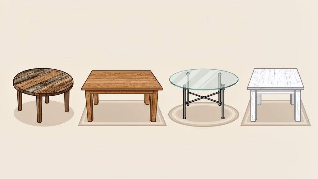 Four distinct dining tables showcasing different styles: rustic wood, classic wood, glass, and white wood.