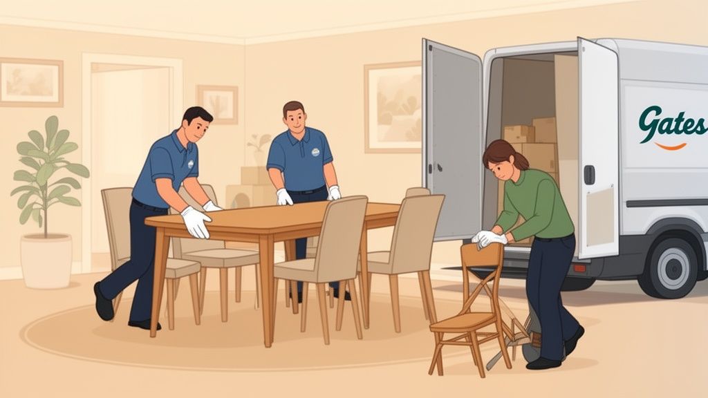 Three movers carefully transporting a dining table and chairs, with a moving truck visible.