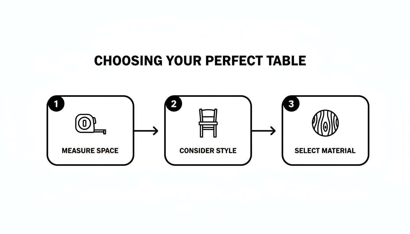 Infographic illustrating a three-step guide for choosing your perfect table.