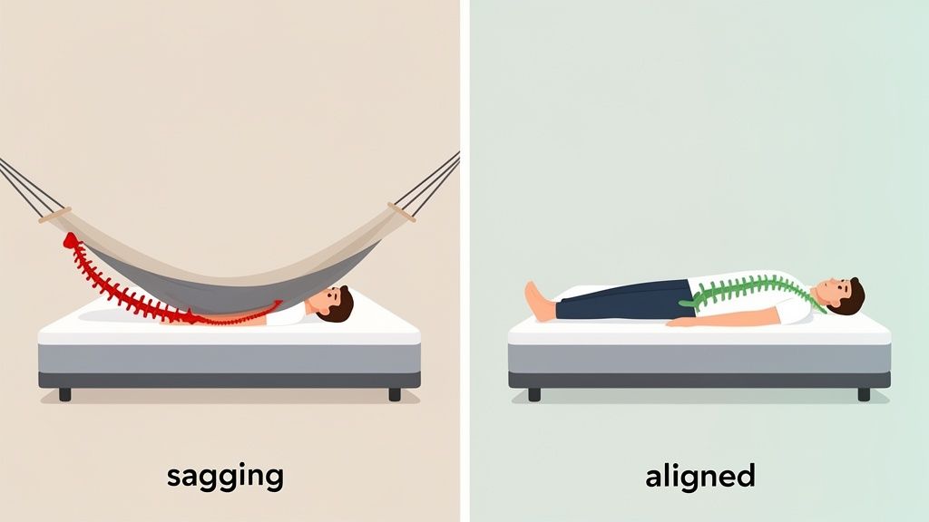 Illustration comparing a sagging mattress causing spinal misalignment (red) versus a supportive mattress for proper spinal alignment (green).