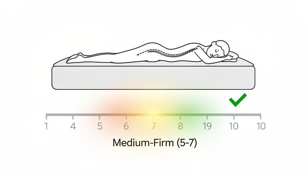 Illustration showing a stomach sleeper on a mattress with good spinal alignment, pointing to optimal firmness.