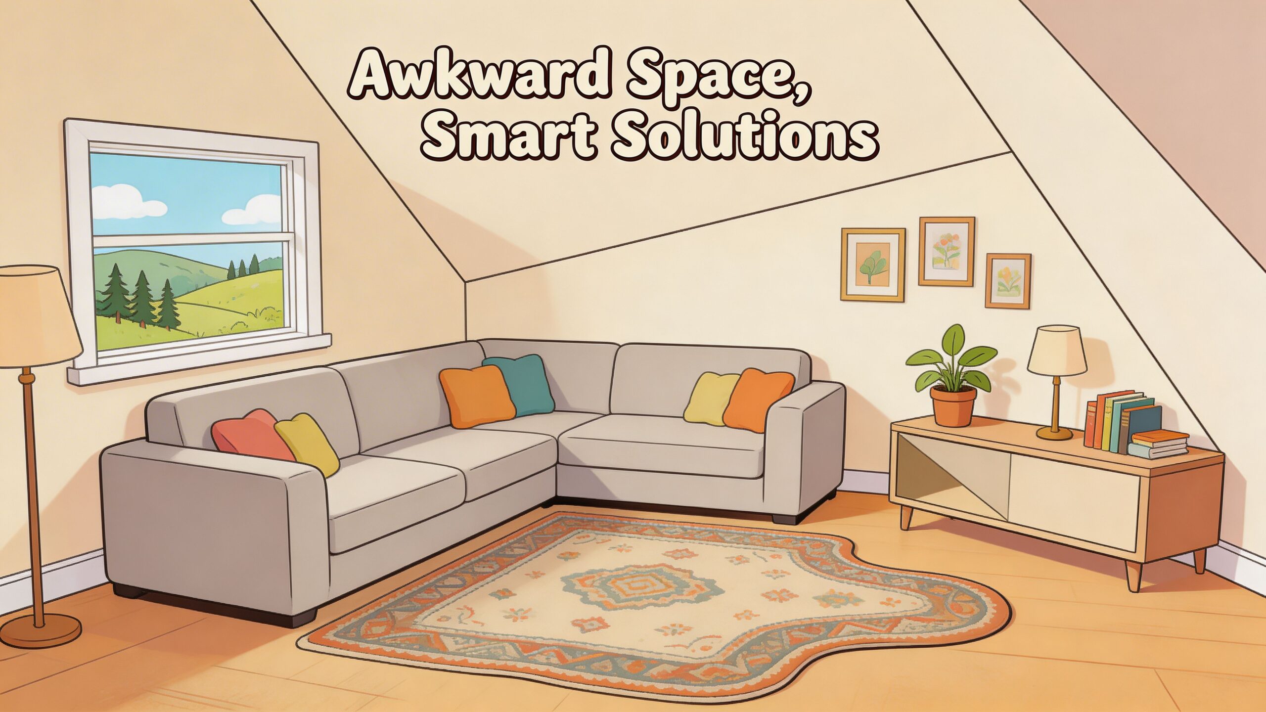 A cozy attic living room with a sectional sofa, area rug, and minimalist wooden media console.