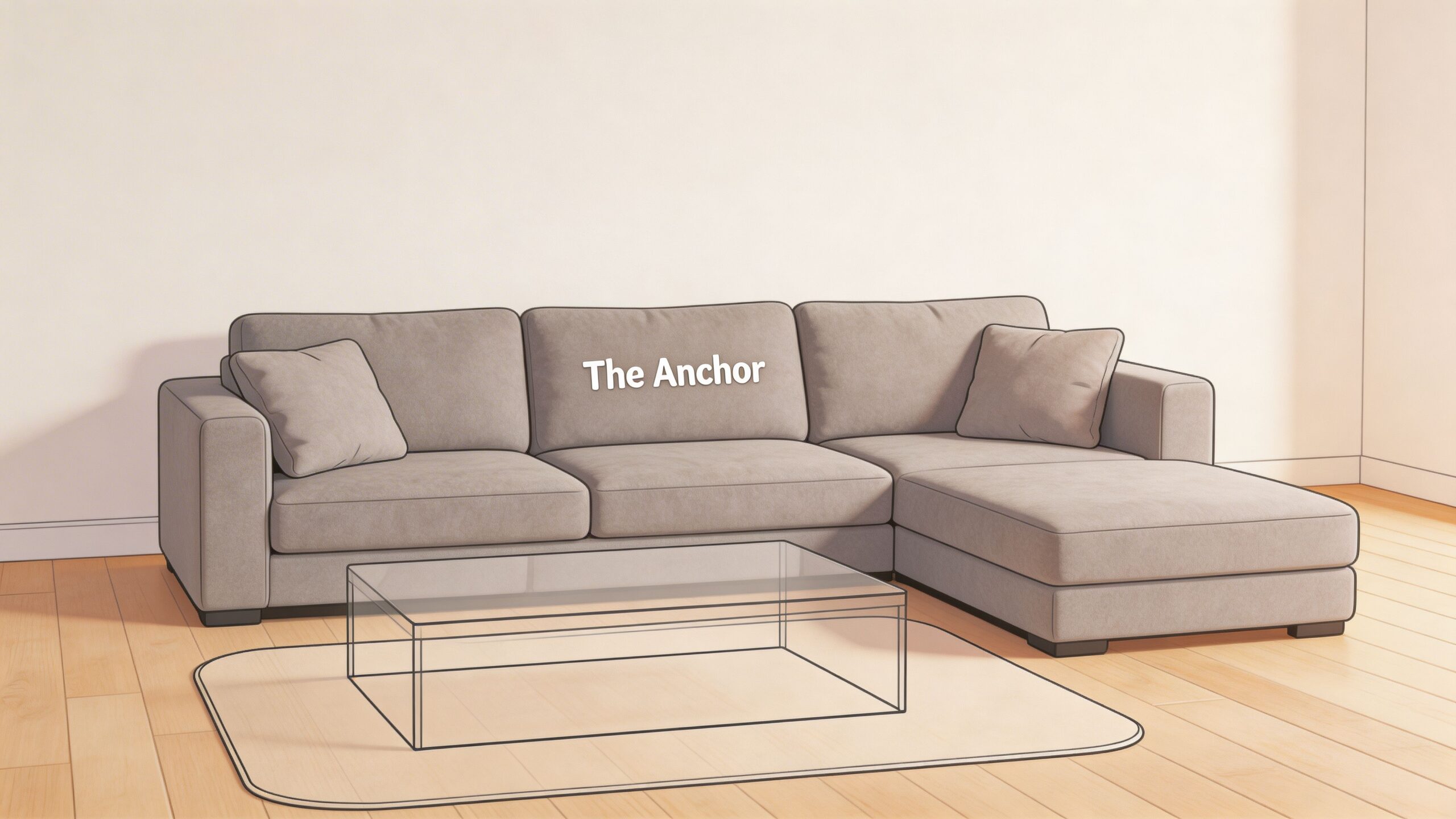 A modern grey sectional sofa with a glass coffee table in a minimalist living room.