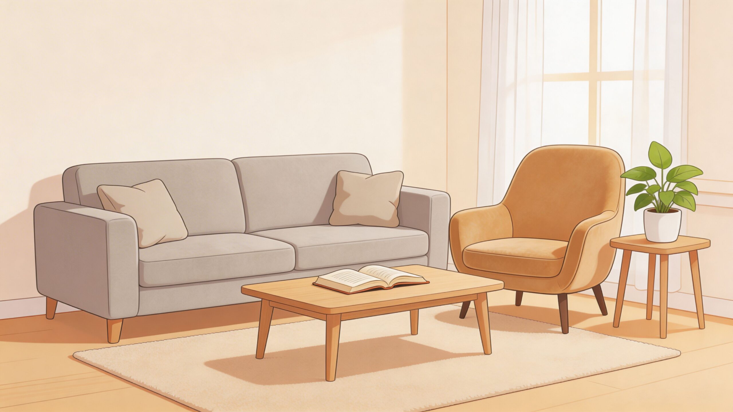 A minimalist living room featuring a gray sofa, a cozy yellow armchair, a wooden coffee table, and a plant.