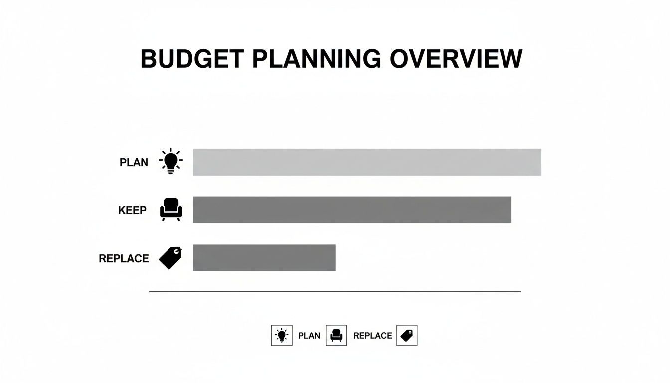 A budget planning overview chart illustrating categories for Plan, Keep, and Replace decisions.