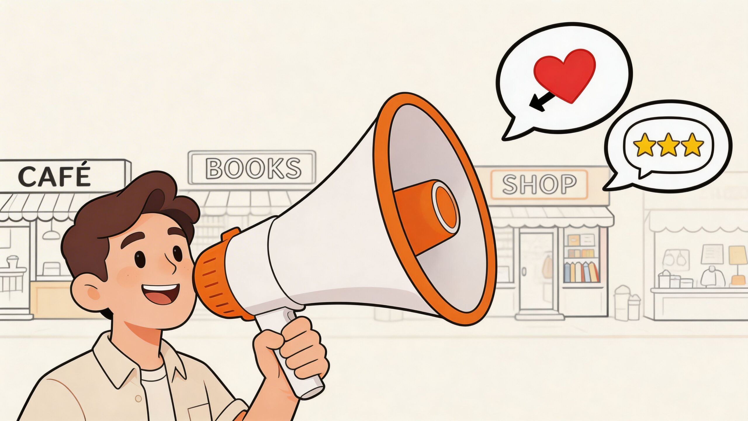 A cheerful cartoon man holding a megaphone to promote local businesses with heart and star review icons.