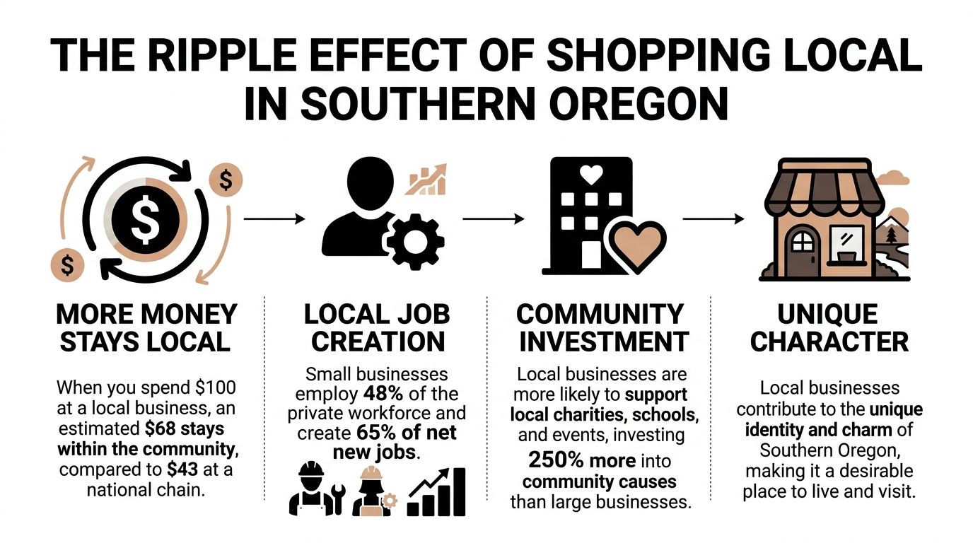 An infographic illustrating the economic and community benefits of shopping at local businesses in Southern Oregon.