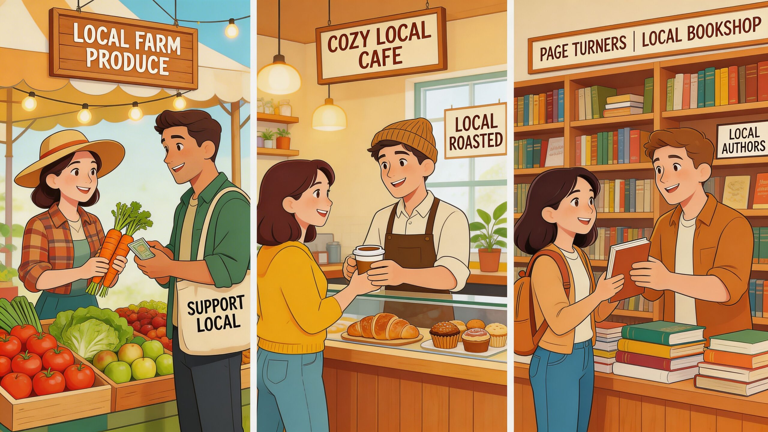 A three-panel illustration showing people supporting a local farm, cafe, and bookshop by shopping locally.