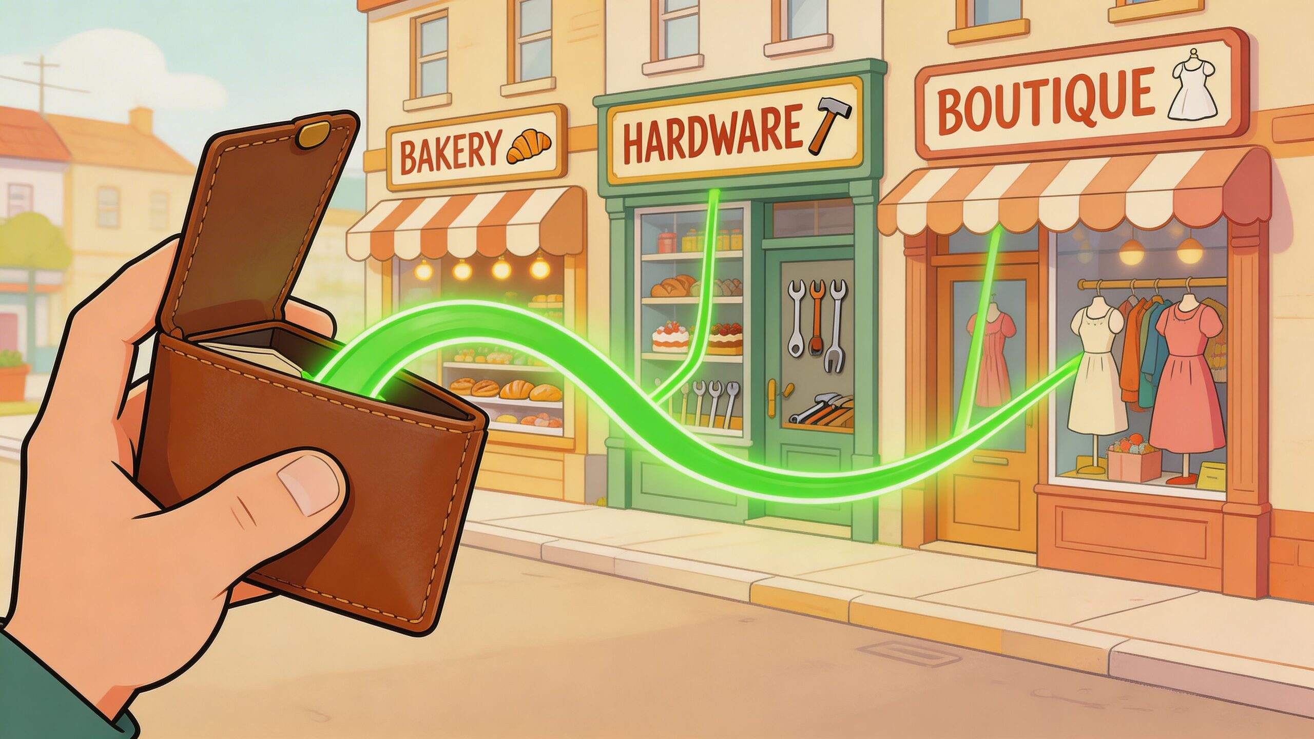 A human hand holding a wallet with a glowing green line connecting to local shops on street.