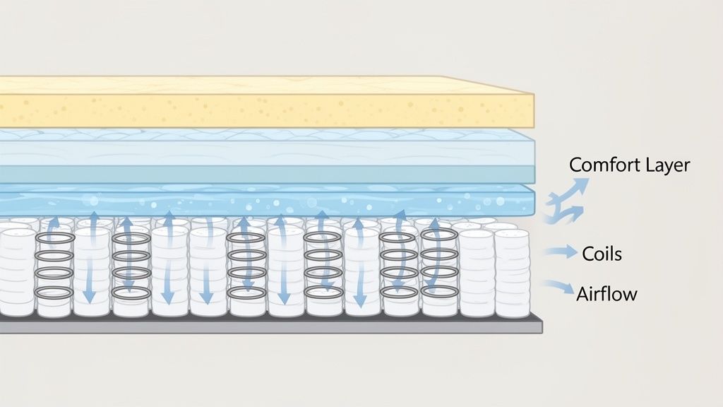 Cross-section of a hybrid mattress illustrating comfort layers, pocketed coils, and essential airflow.