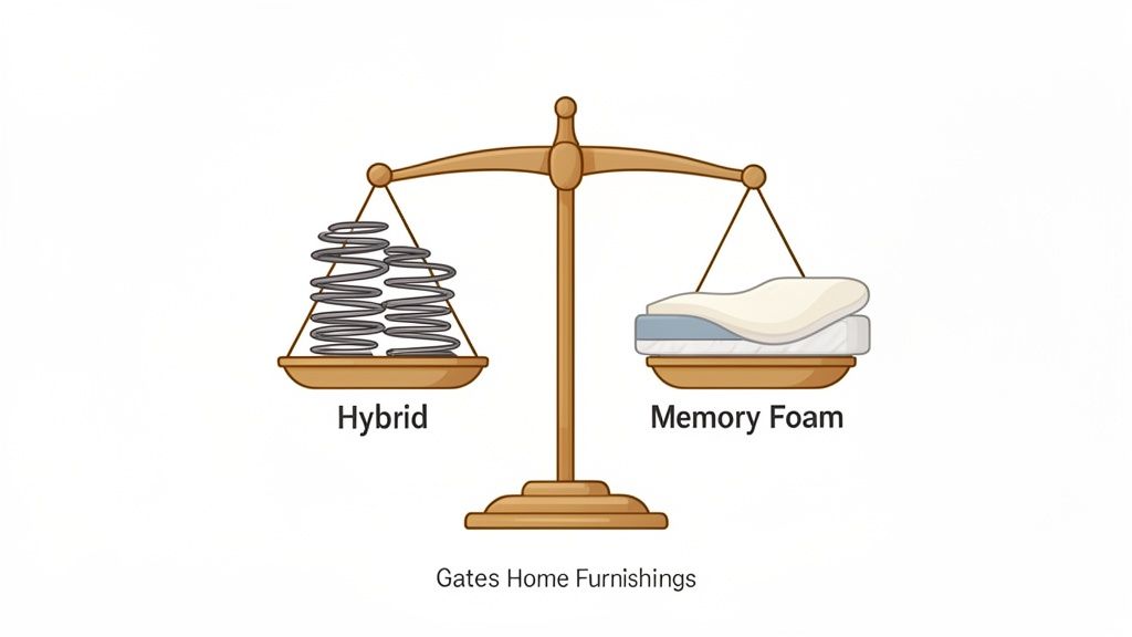 A balance scale comparing hybrid and memory foam mattresses, showing springs on one side and foam layers on the other.