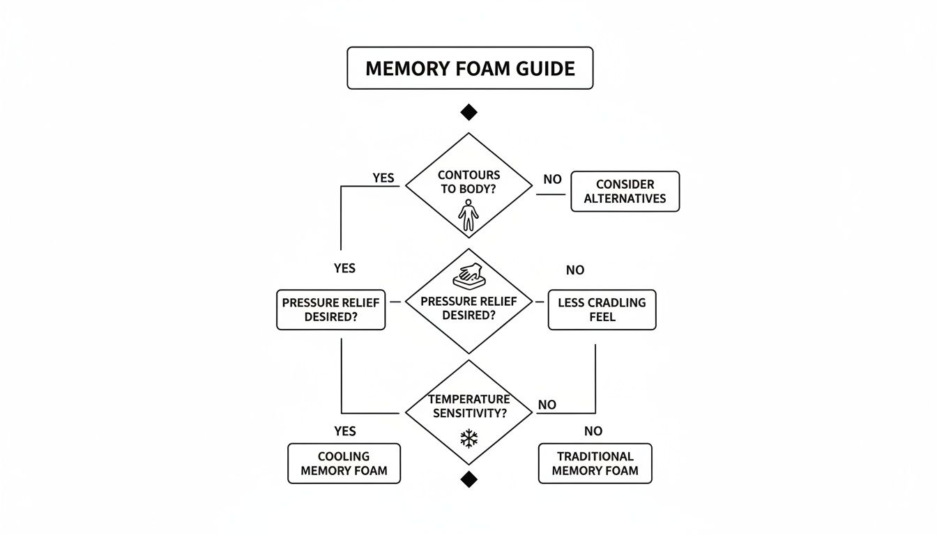 Flowchart guide to choosing memory foam, detailing options based on body contouring, pressure relief, and temperature sensitivity.
