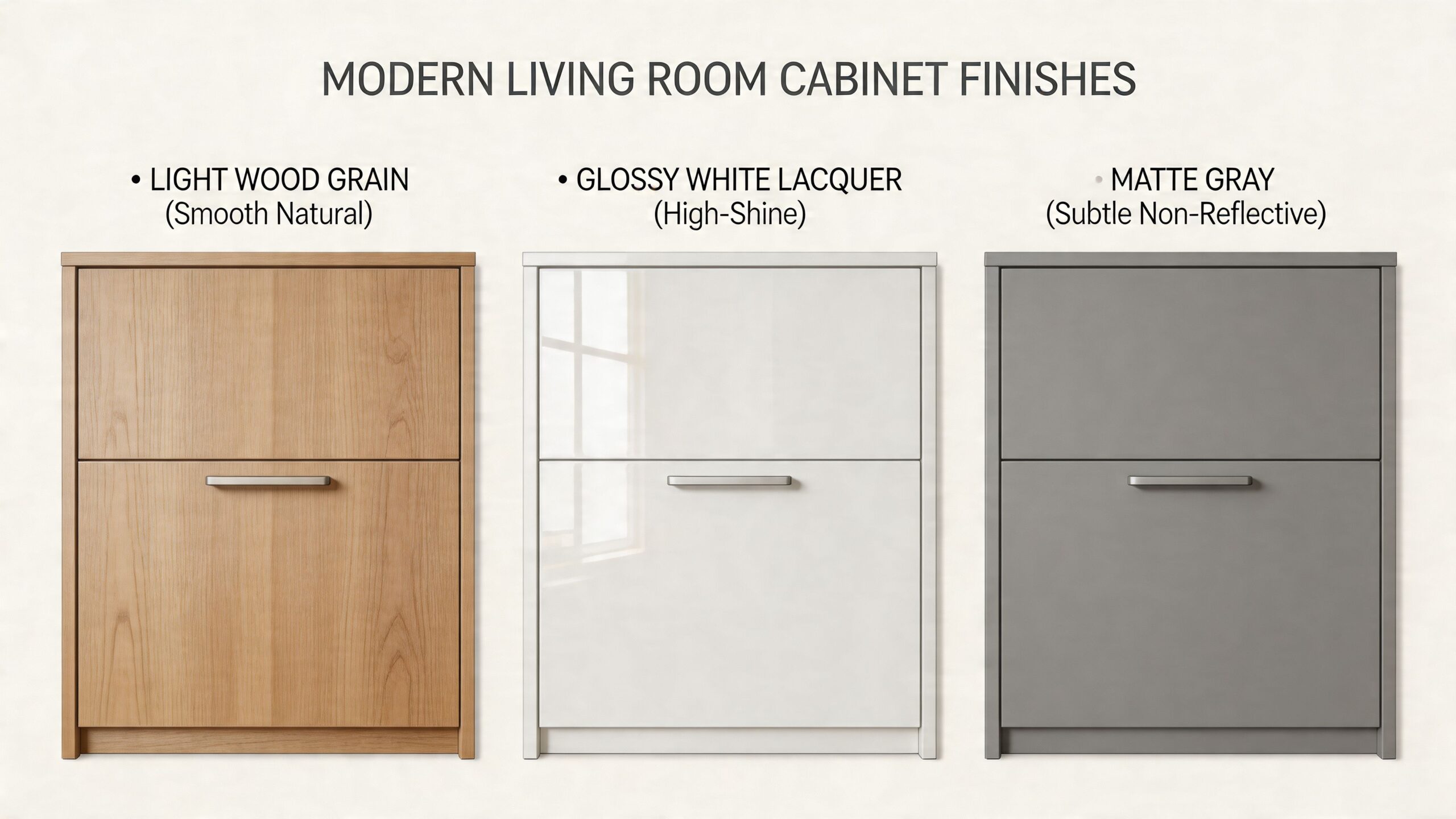 Three modern living room cabinet examples with light wood grain, glossy white, and matte gray finishes.
