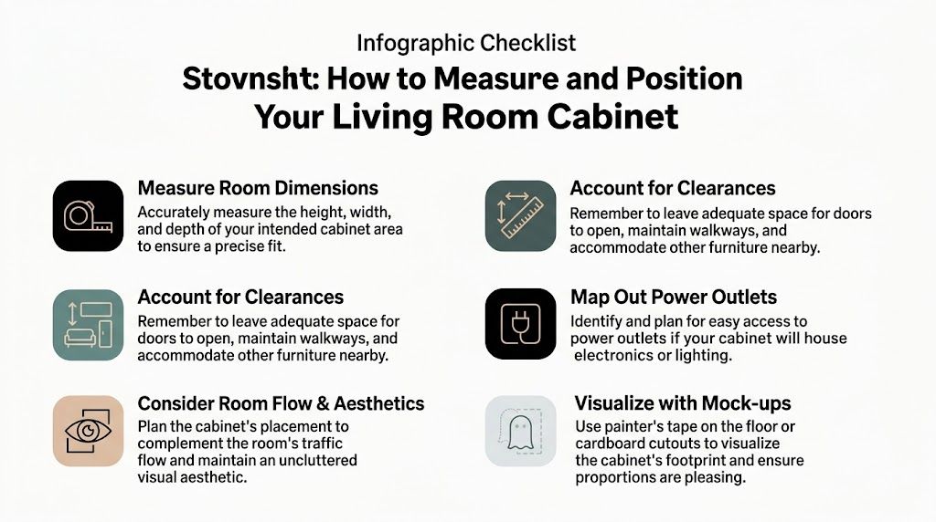 An infographic checklist for measuring and positioning a modern living room cabinet for a perfect fit.