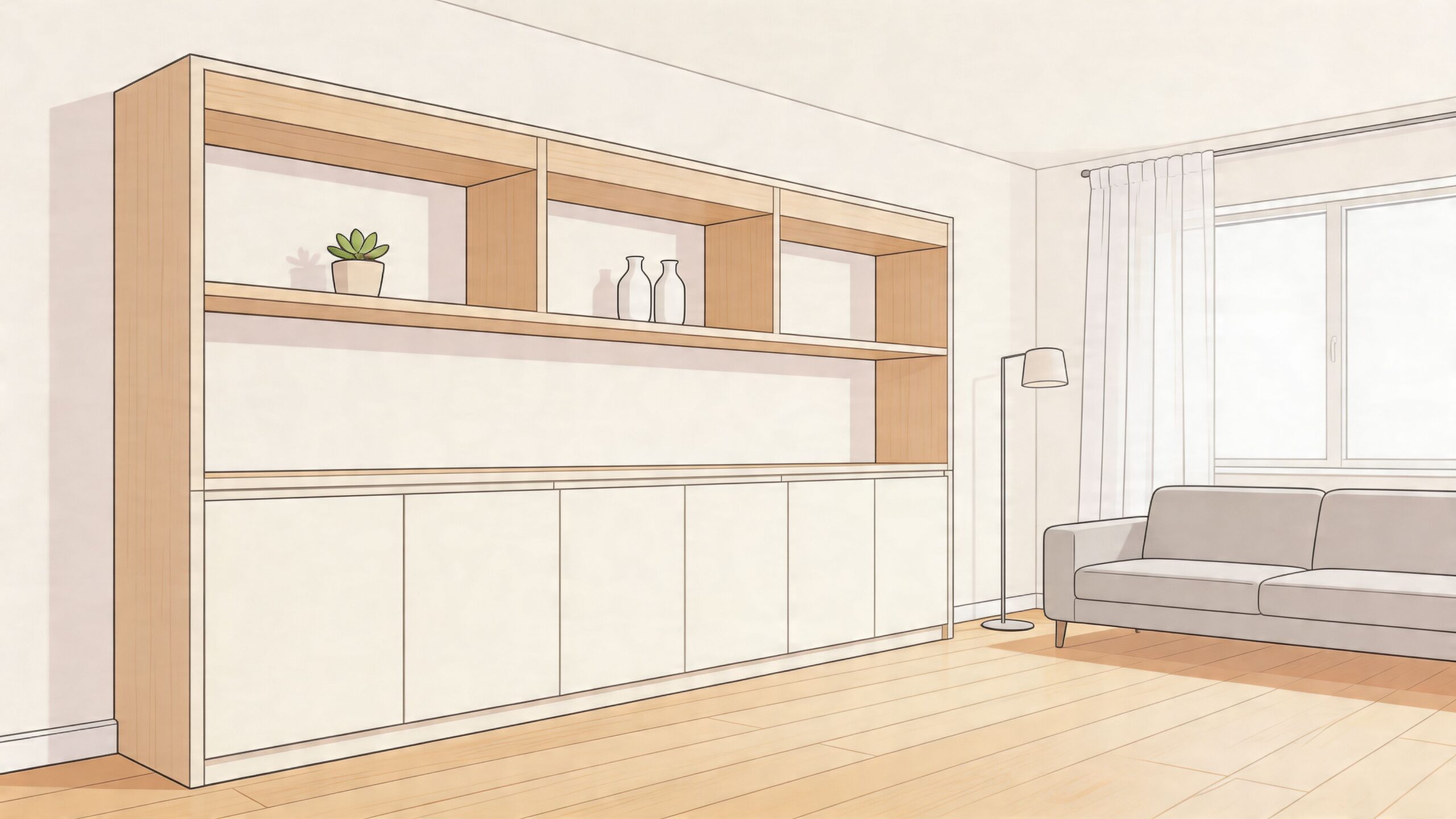 A minimalist living room with a large wooden cabinet featuring open shelving and white closed storage doors.