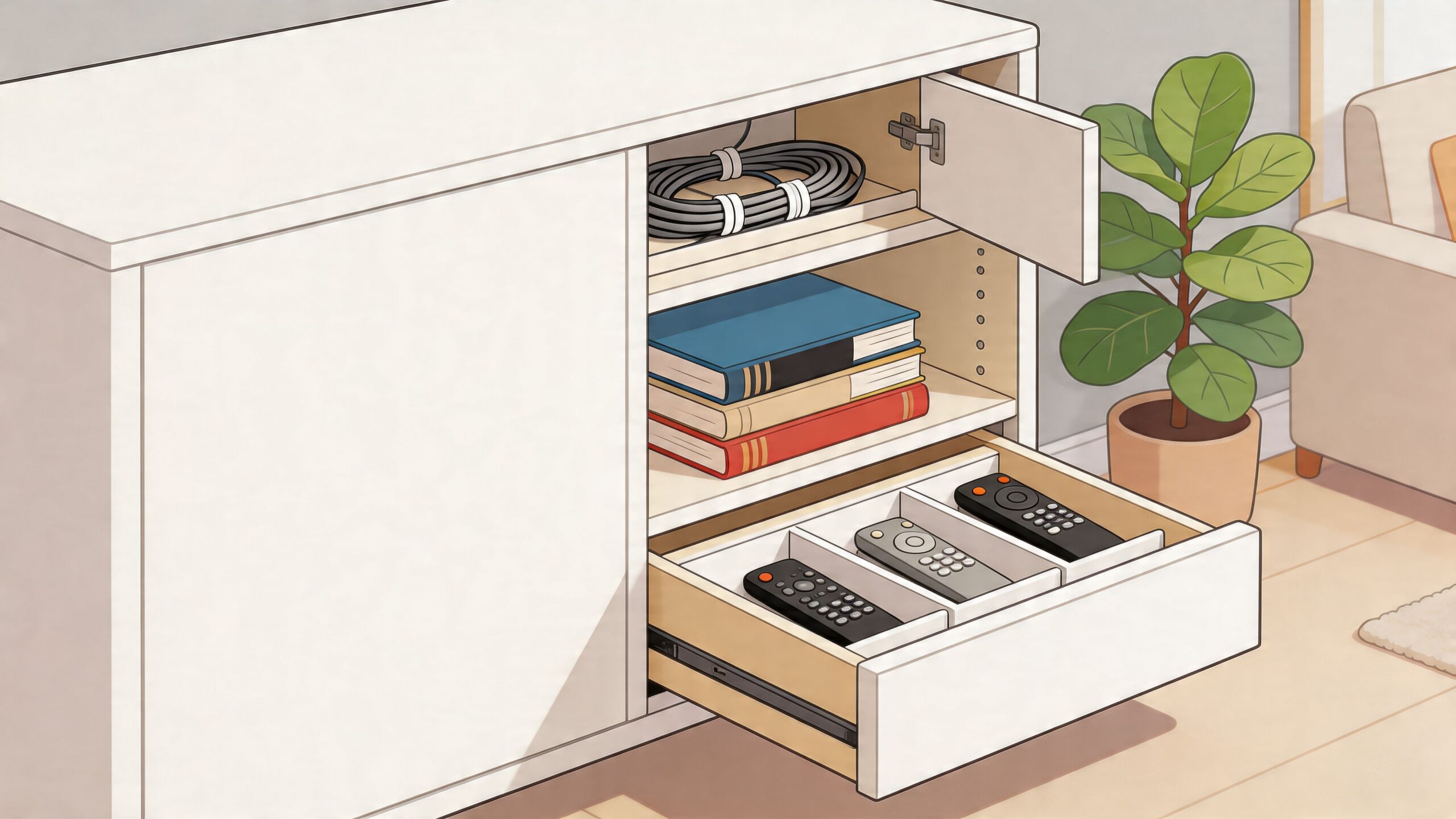 A minimalist white storage cabinet with a pull-out drawer holding three television remotes and shelves for books.
