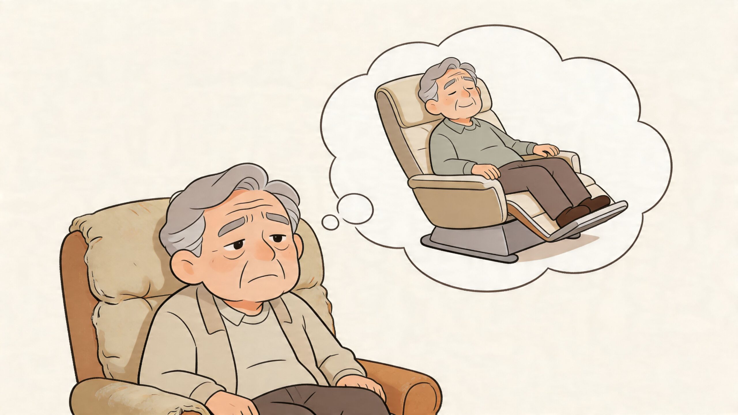 An elderly man sitting in a chair, looking sad while dreaming of relaxing in a comfortable recliner.