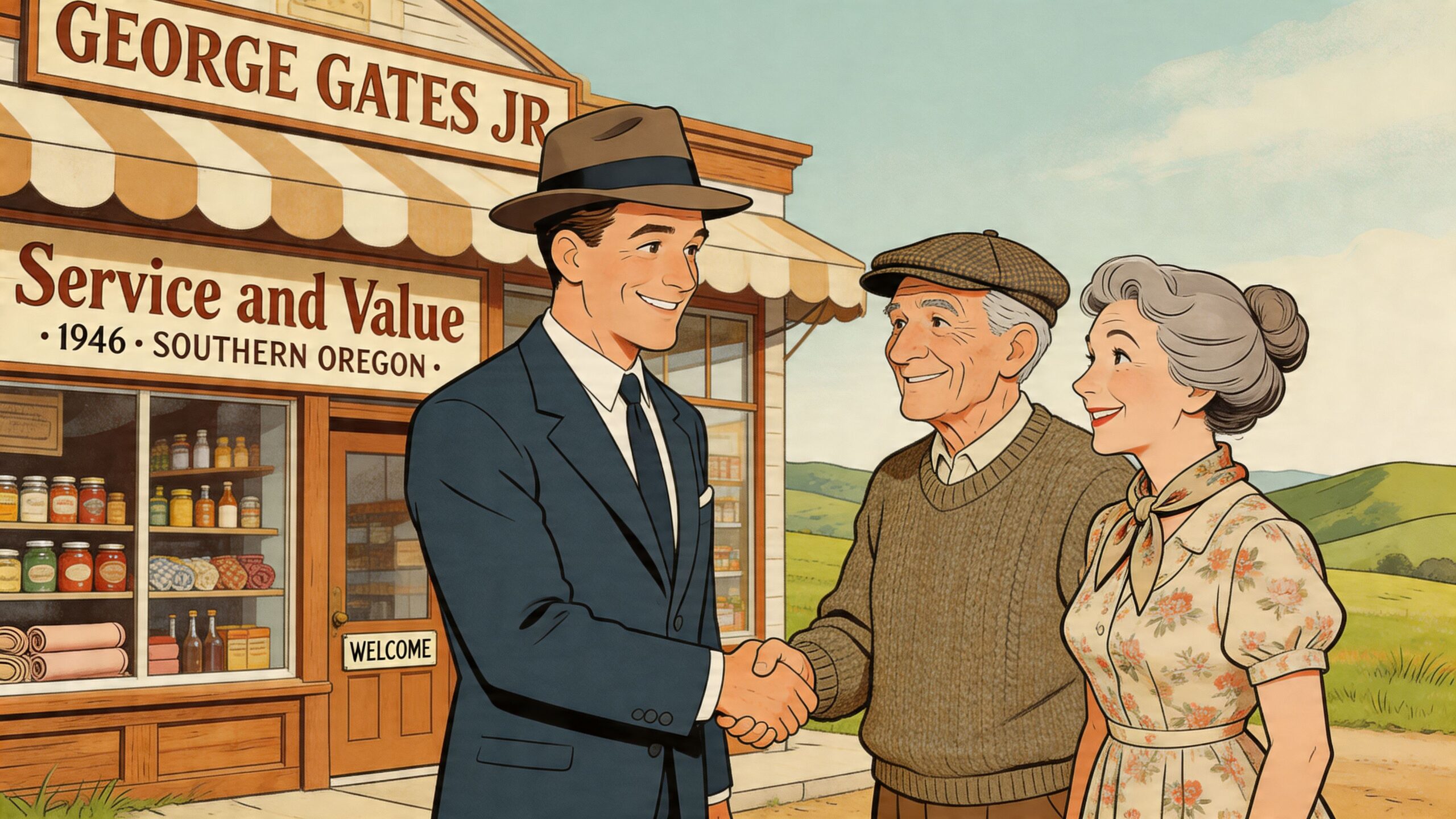 A well-dressed man in a suit shaking hands with an elderly couple in front of a store