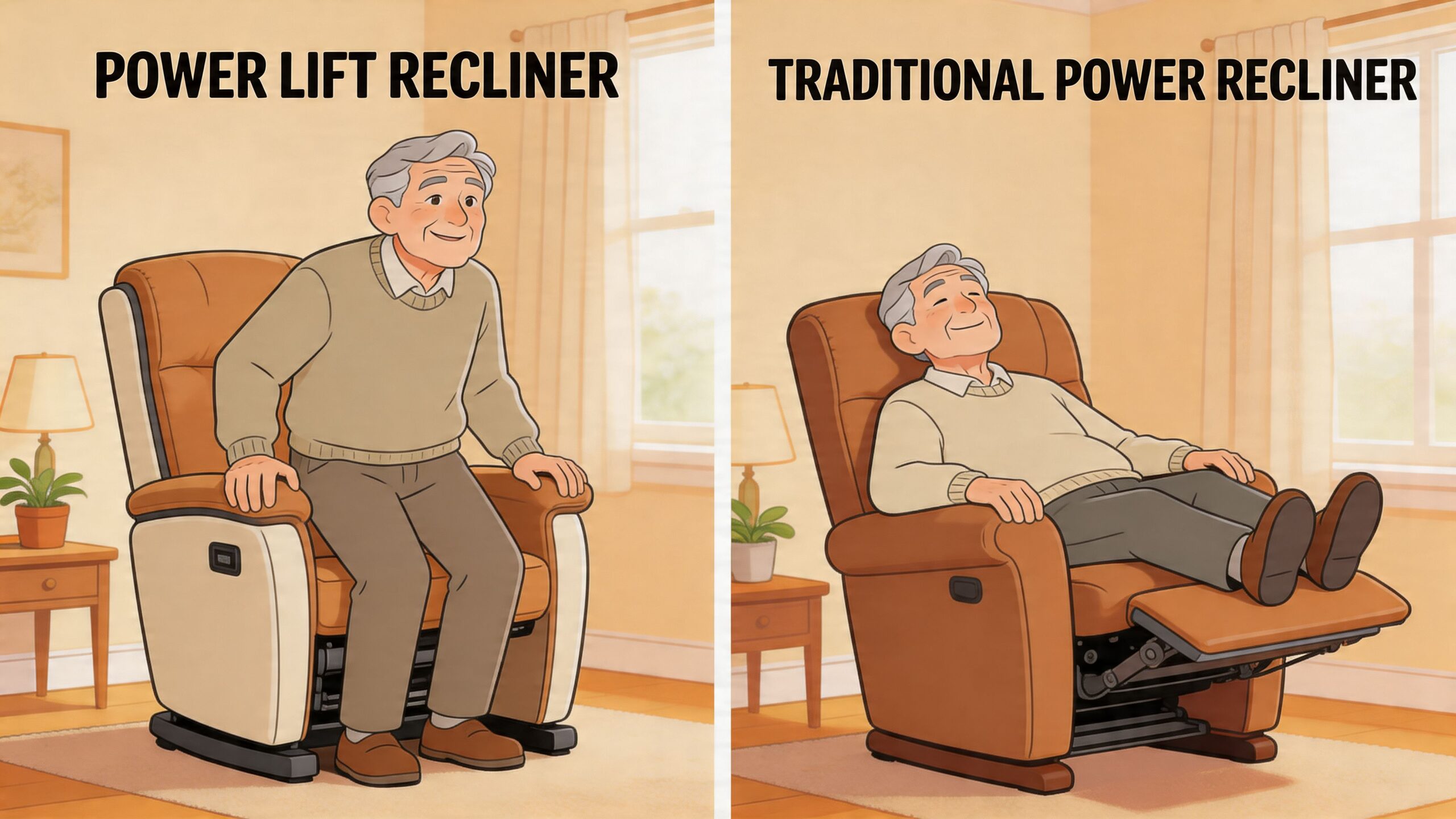 A side-by-side comparison illustration of an elderly man using a power lift recliner and a traditional recliner.