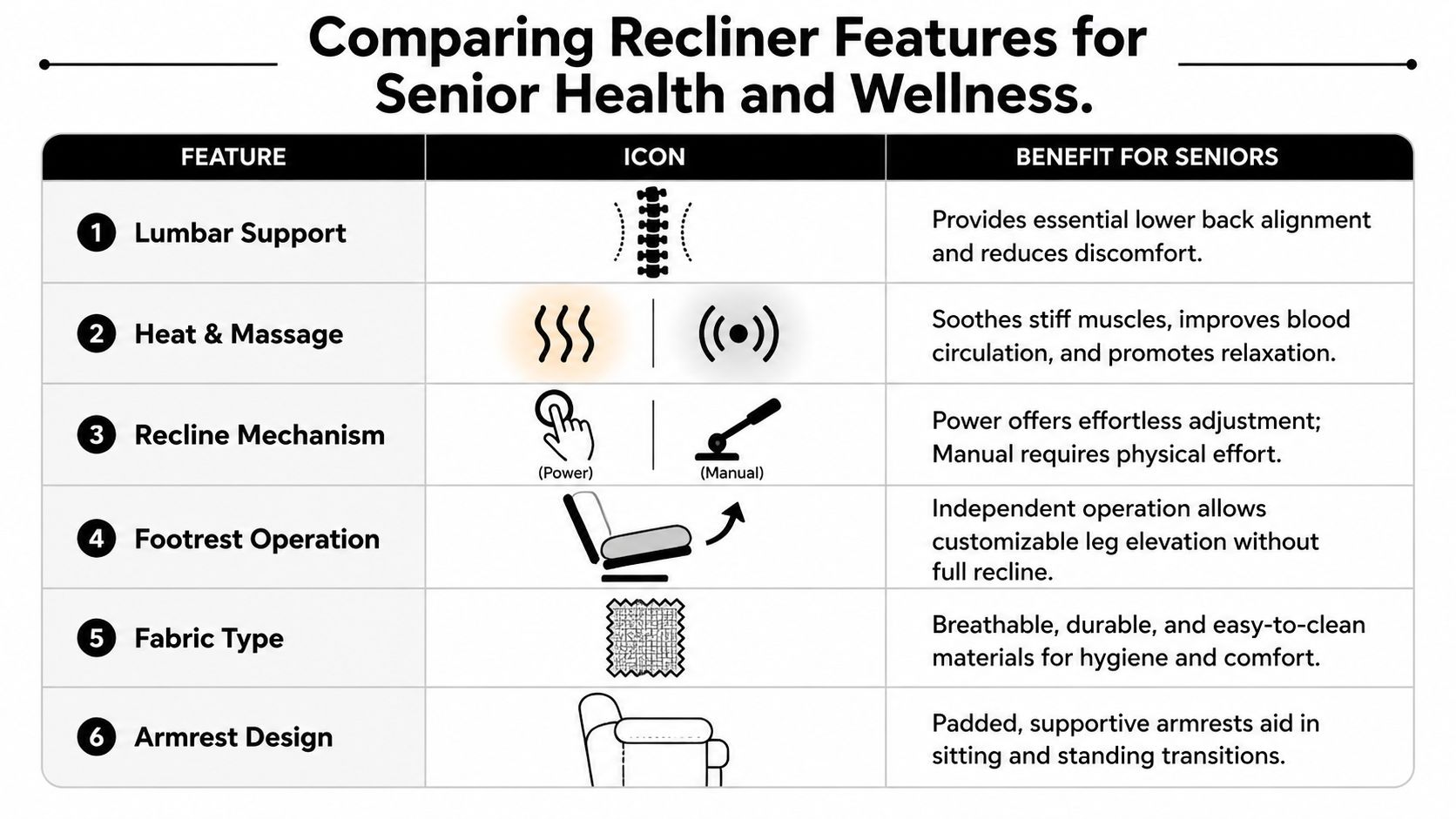 A table comparing various recliner chair features and their health benefits for elderly adults.
