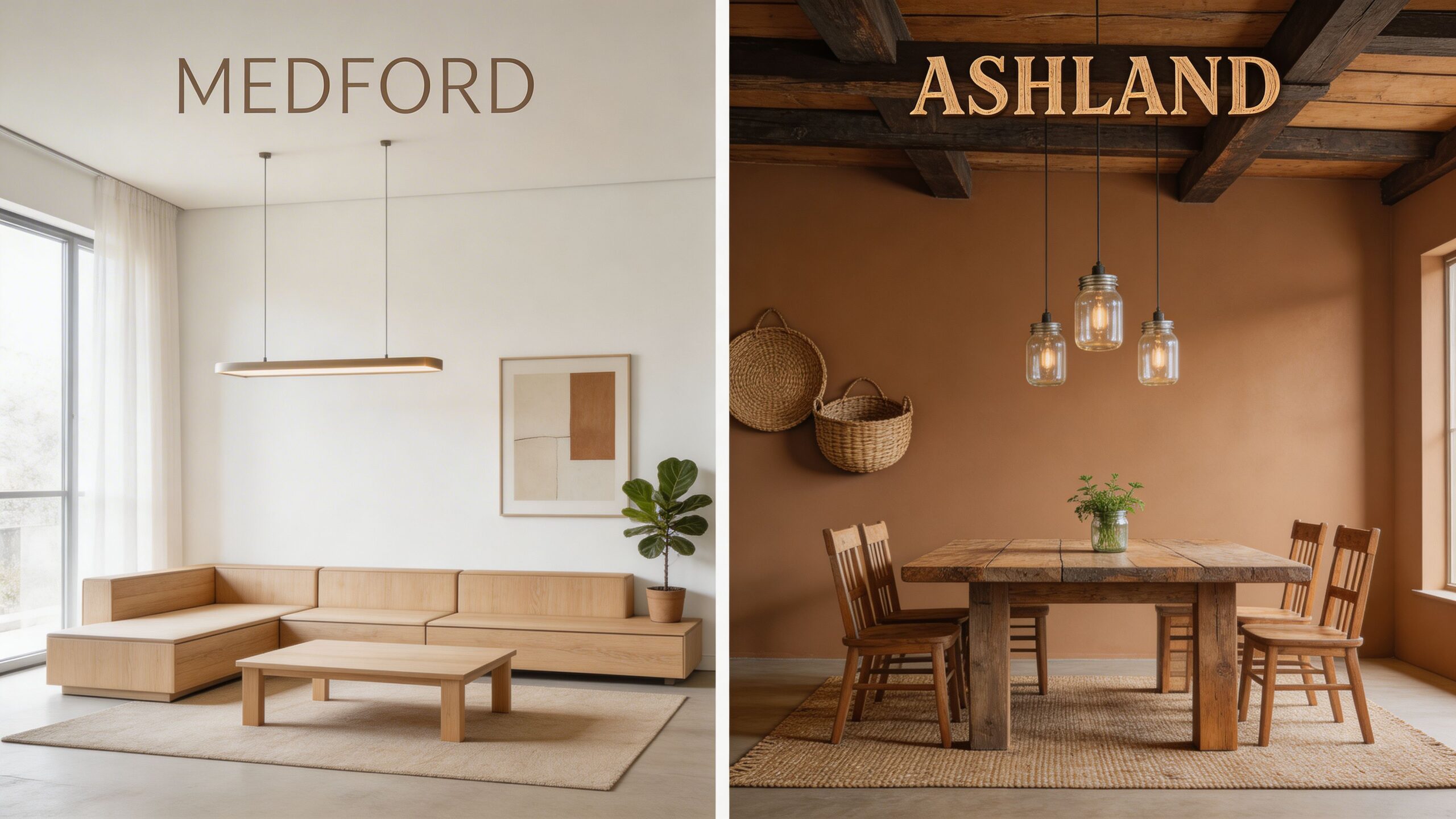 A side-by-side comparison featuring a minimalist Medford living room and a rustic Ashland dining area.