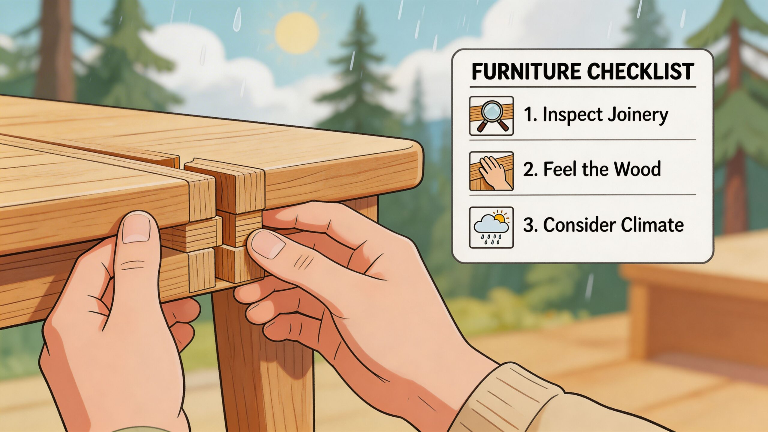 Close-up of hands inspecting wooden furniture joinery with a checklist nearby in a rainy forest setting.