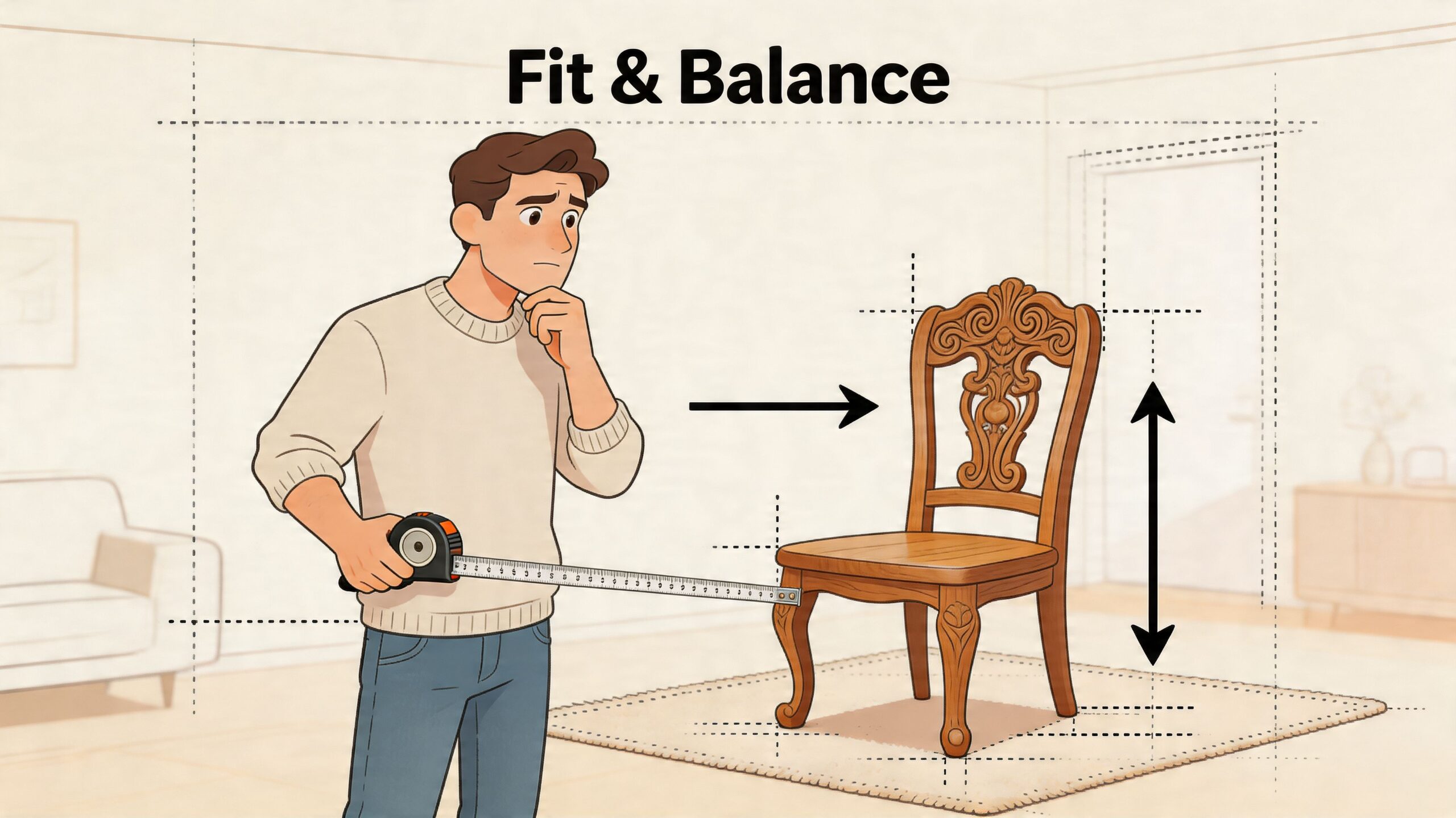 A man uses a measuring tape to determine if a wooden chair fits his home decor