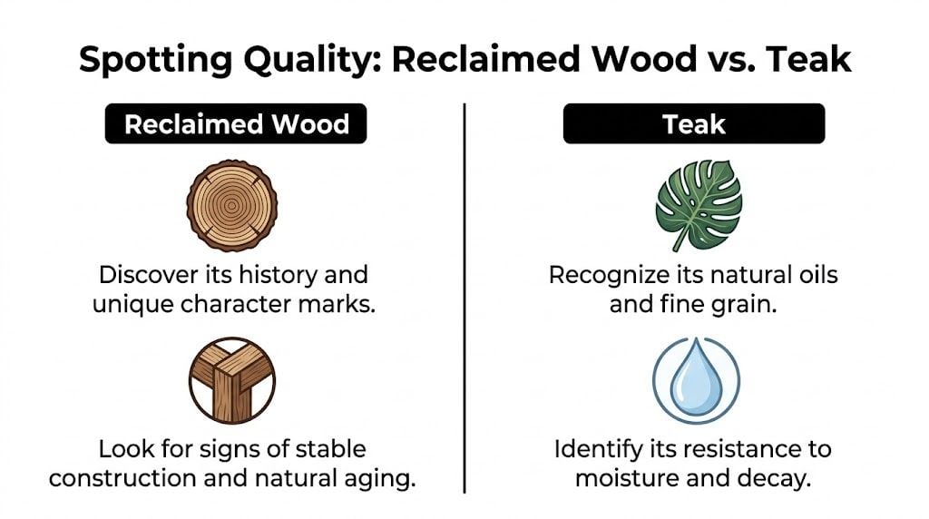 A comparison infographic showing how to identify quality in reclaimed wood and teak materials for furniture.