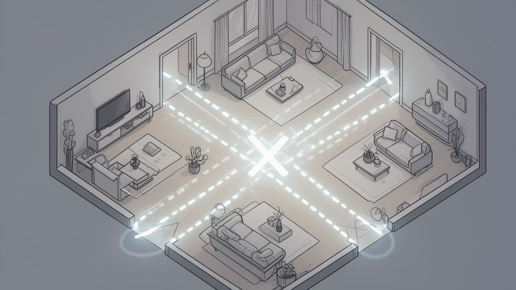 An isometric illustration showing a living room layout with glowing dashed lines indicating furniture arrangement patterns.