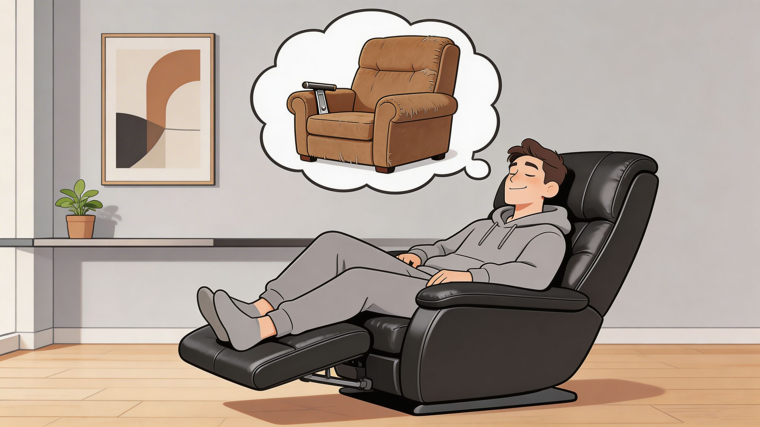 A man relaxing in a modern black leather recliner, dreaming of an old brown armchair.