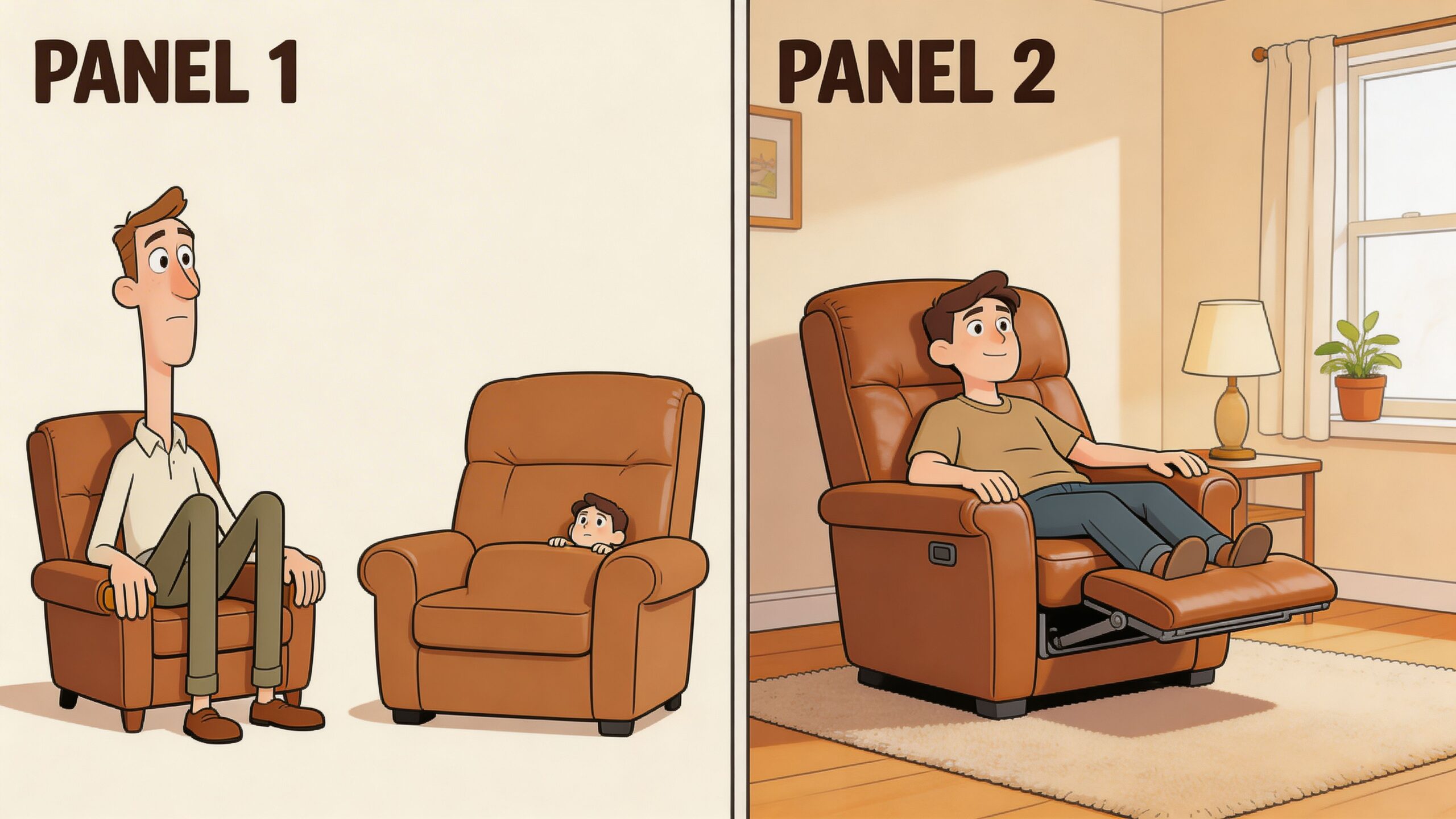 A split panel illustration showing a man sitting awkwardly on a small chair versus relaxing on a recliner.