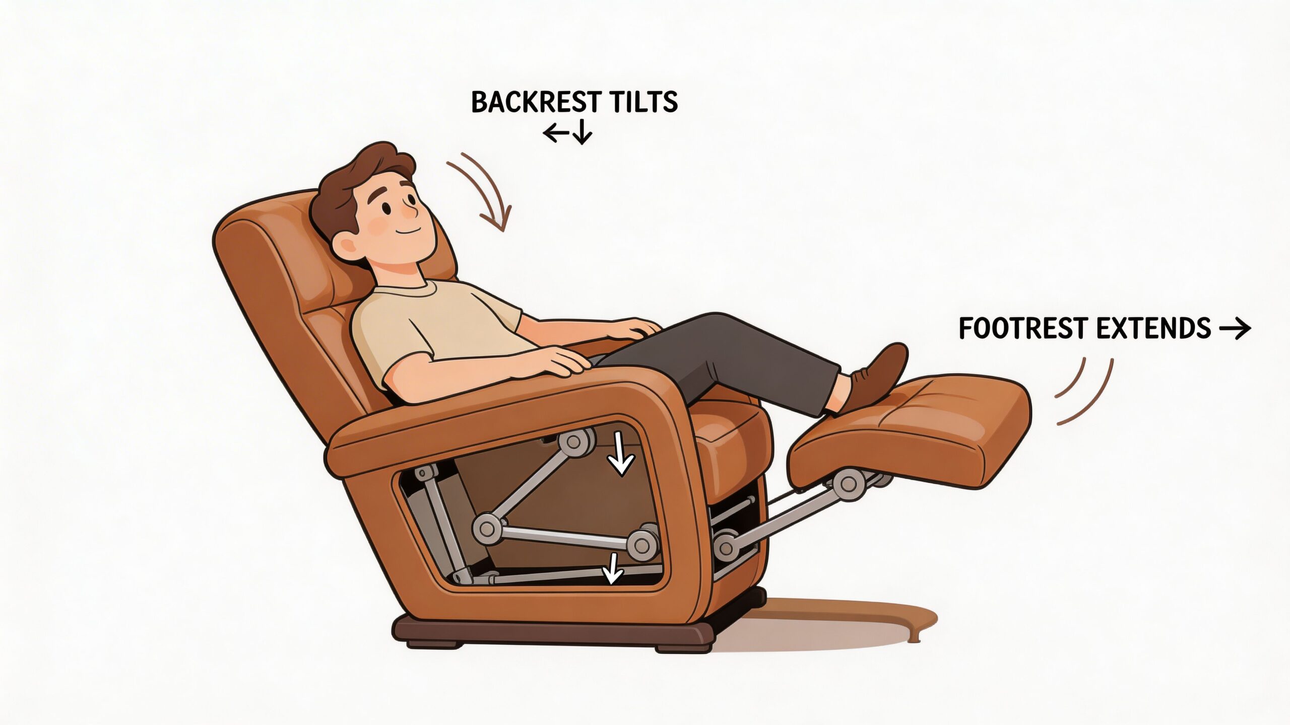 A diagram of a man sitting in a brown leather push back recliner chair with mechanism details.