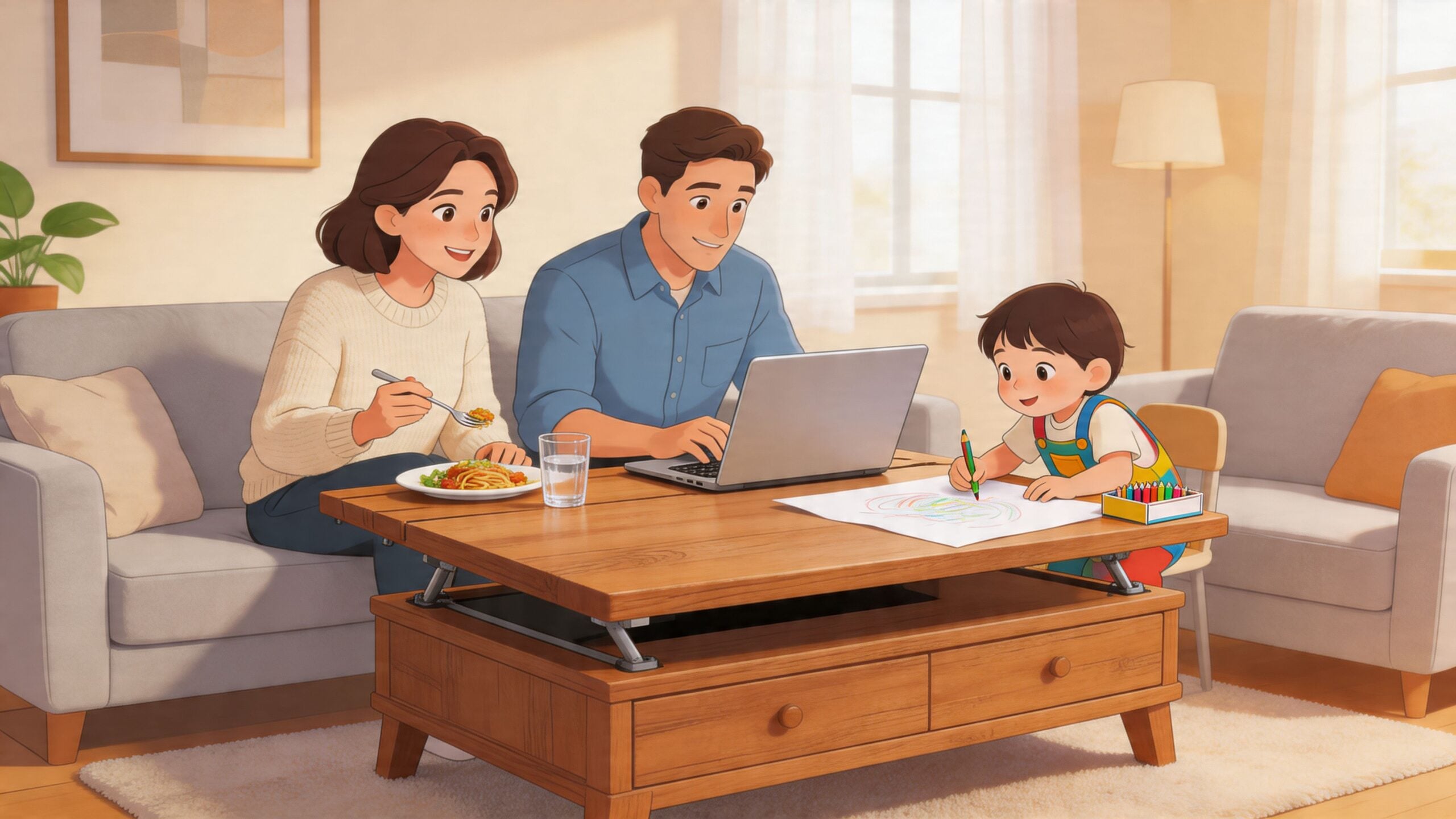 A happy family using a rustic lift top coffee table for dining, working, and drawing together at home.