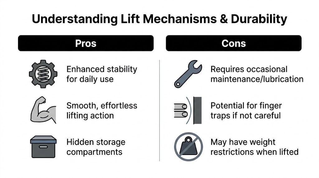 A comparison chart outlining the pros and cons of lift mechanisms for furniture and their durability.