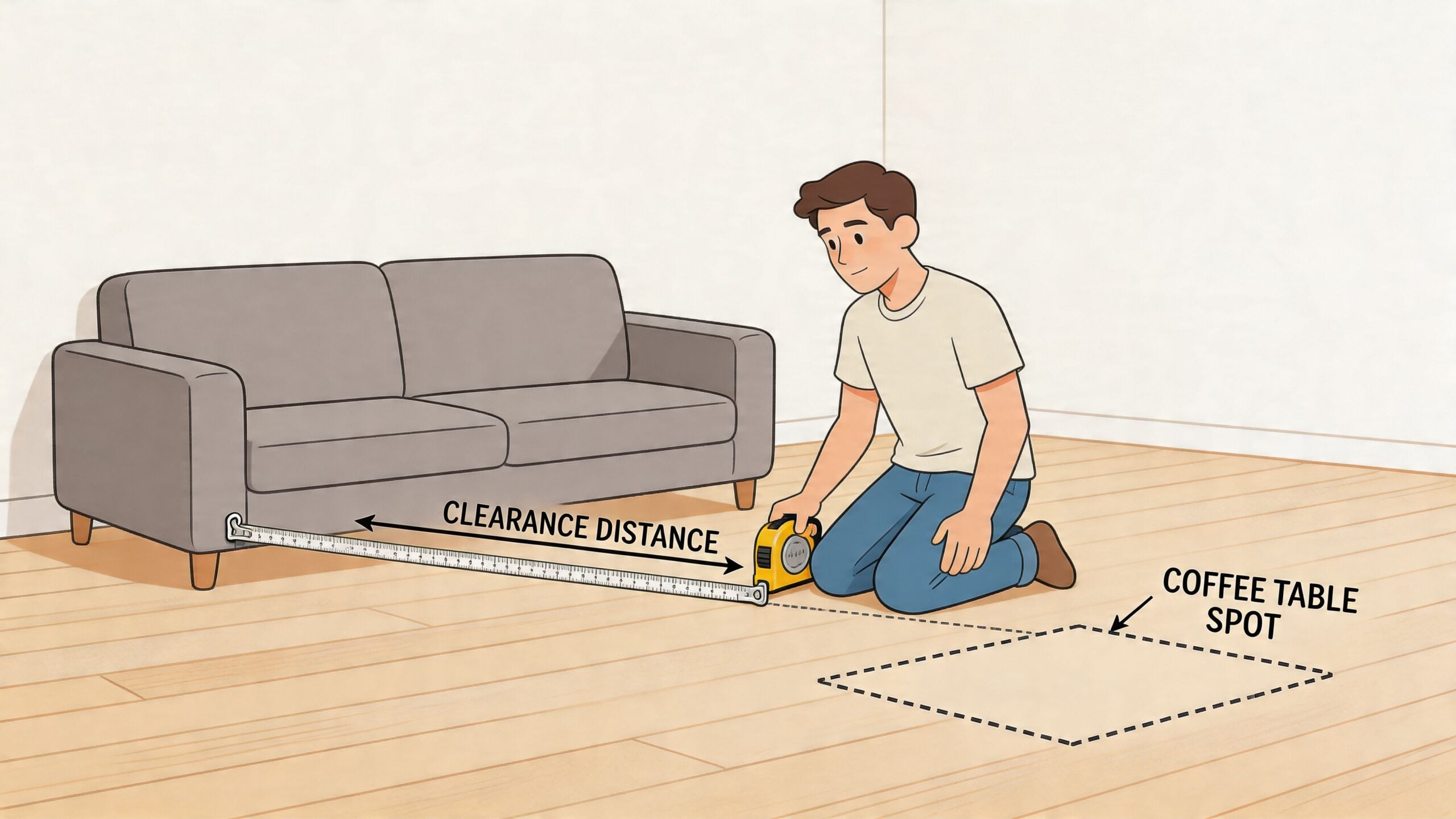 A person kneeling on a wooden floor, using a tape measure to determine the clearance distance for a coffee table.
