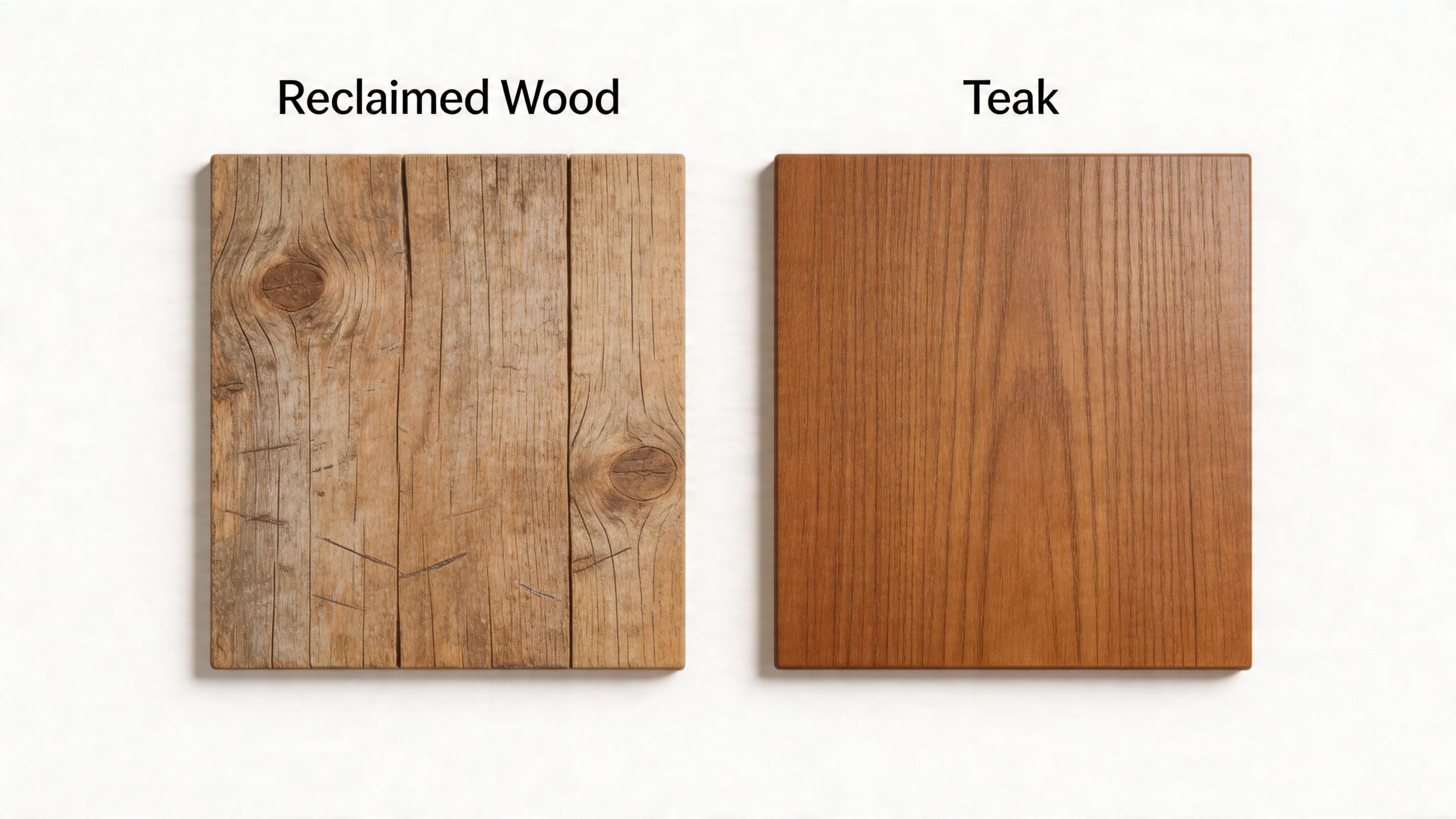 A side-by-side comparison showcasing the textured, weathered look of reclaimed wood against smooth, finished teak wood planks.