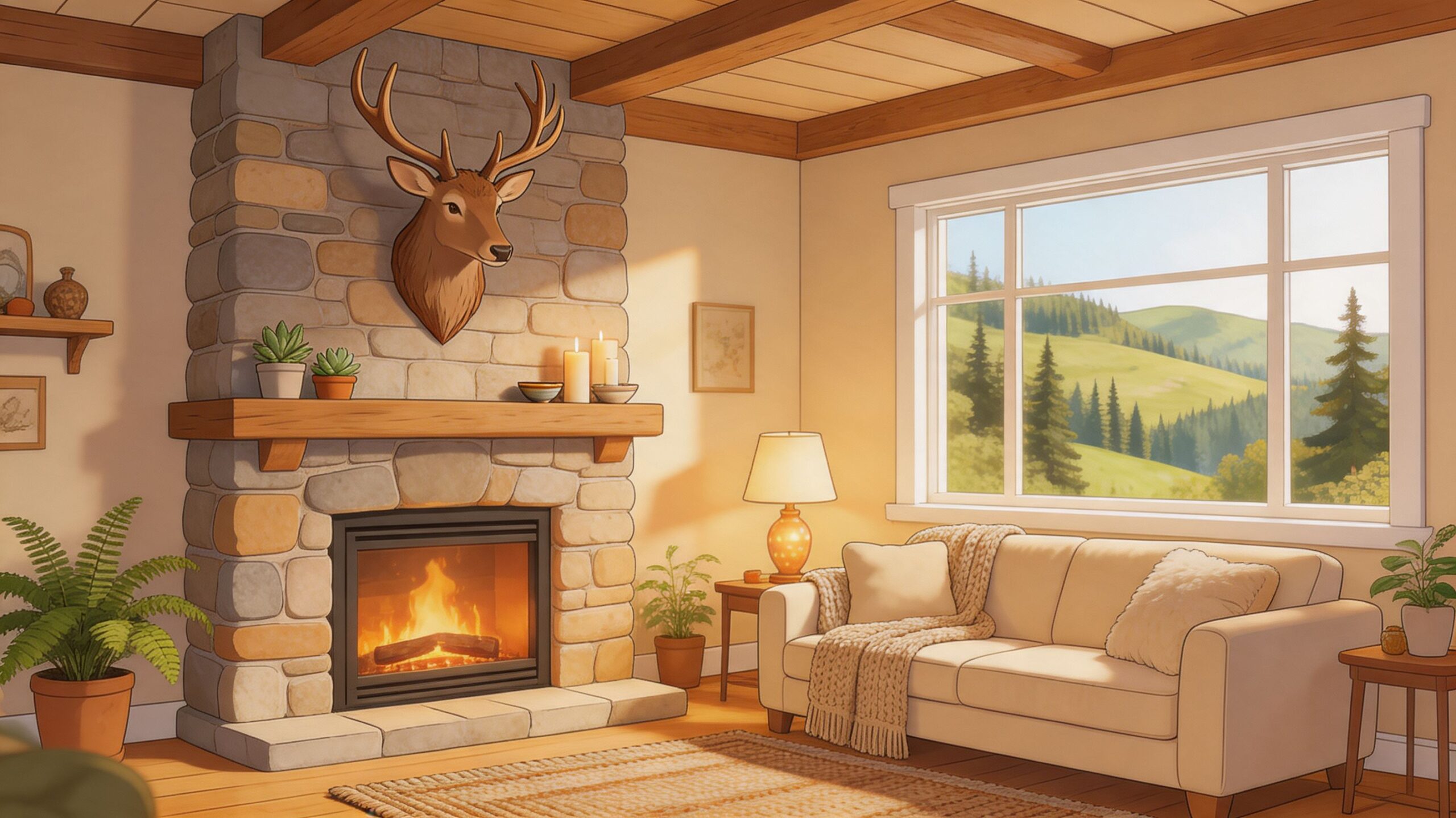 A cozy living room featuring a stone fireplace with stag wall decor and a sunny mountain view.