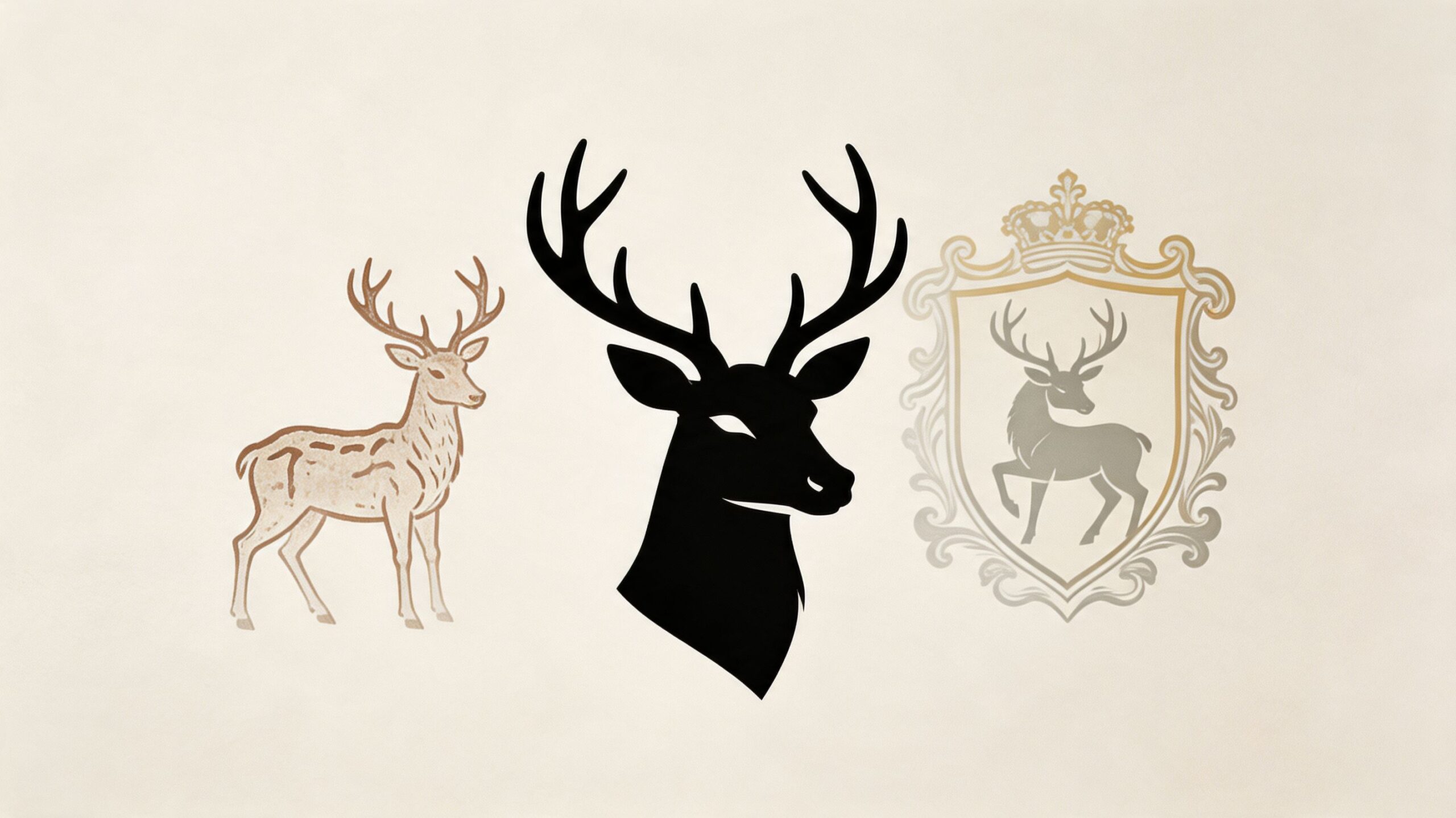 Three artistic representations of a stag including a sketch, a bold black silhouette, and a golden crest.