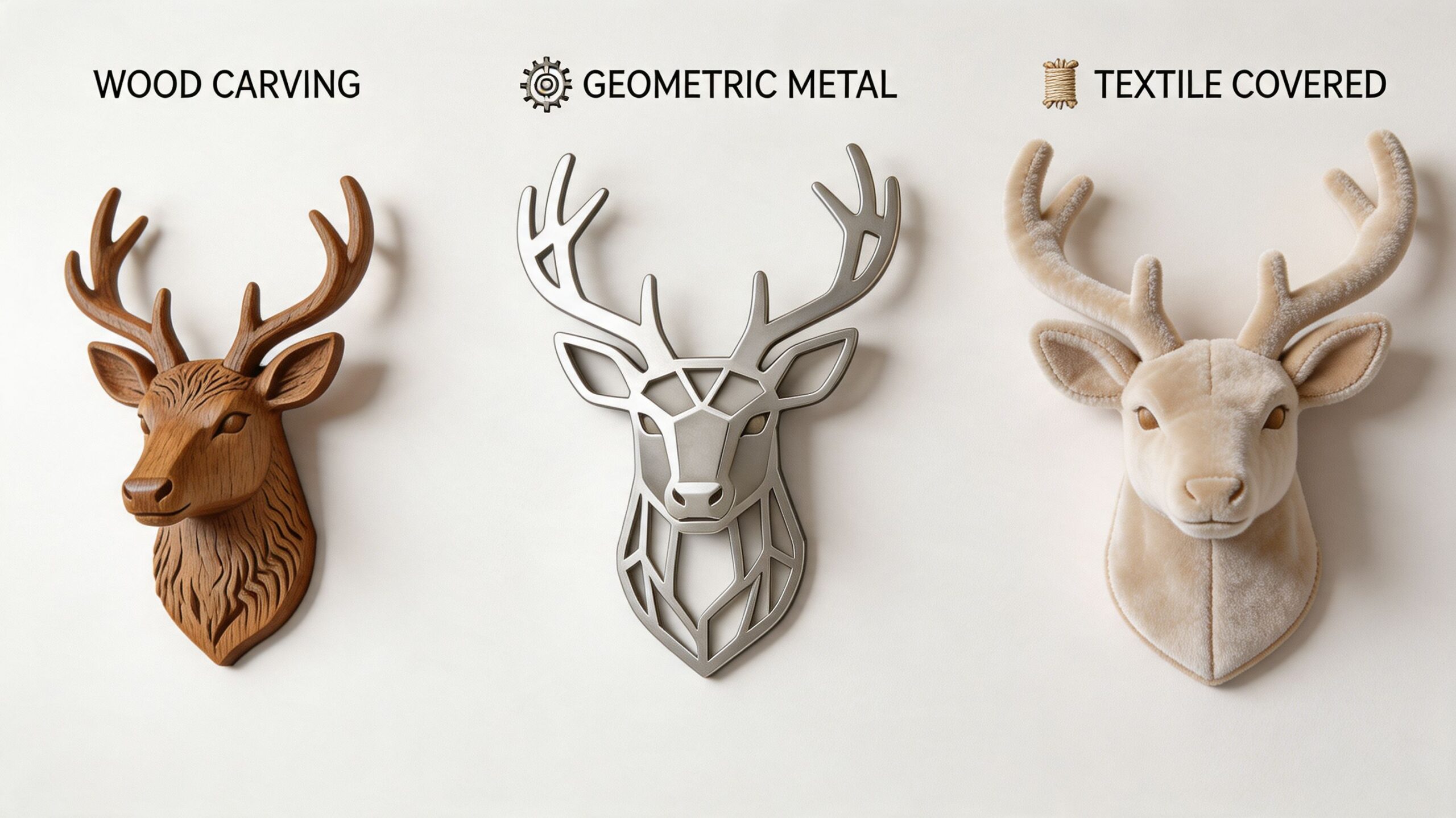 Three different decorative stag wall heads featuring wood carving, geometric metal, and soft textile covered designs.