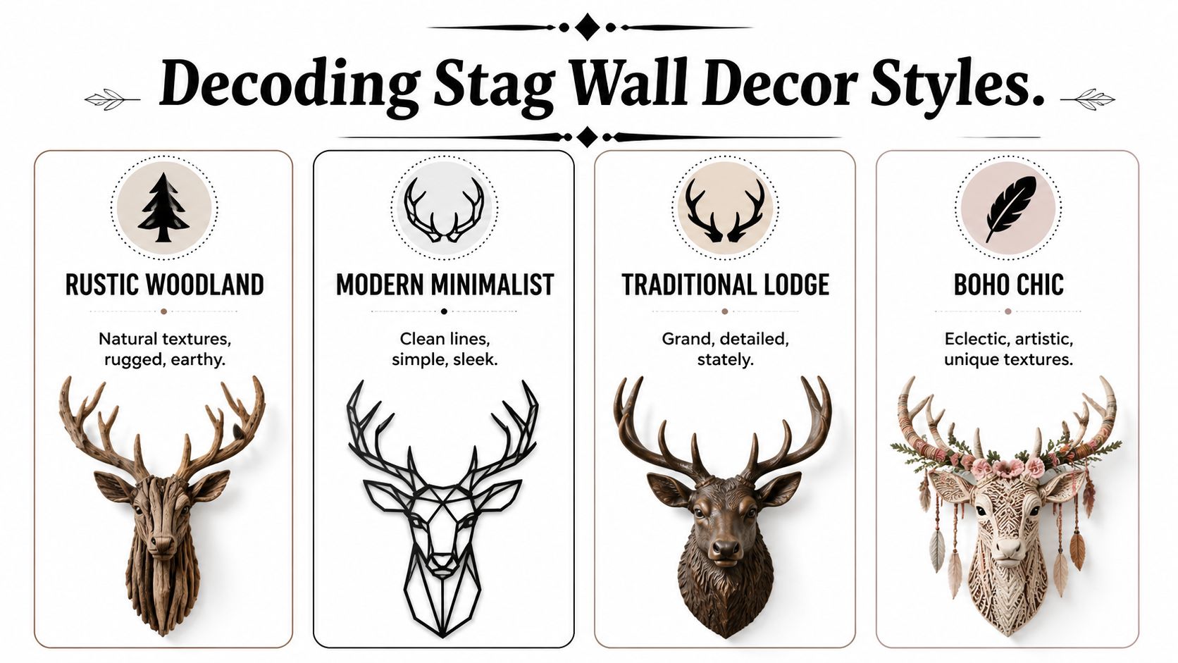 A visual guide explaining different stag wall decor styles including rustic, modern, traditional, and boho aesthetics.