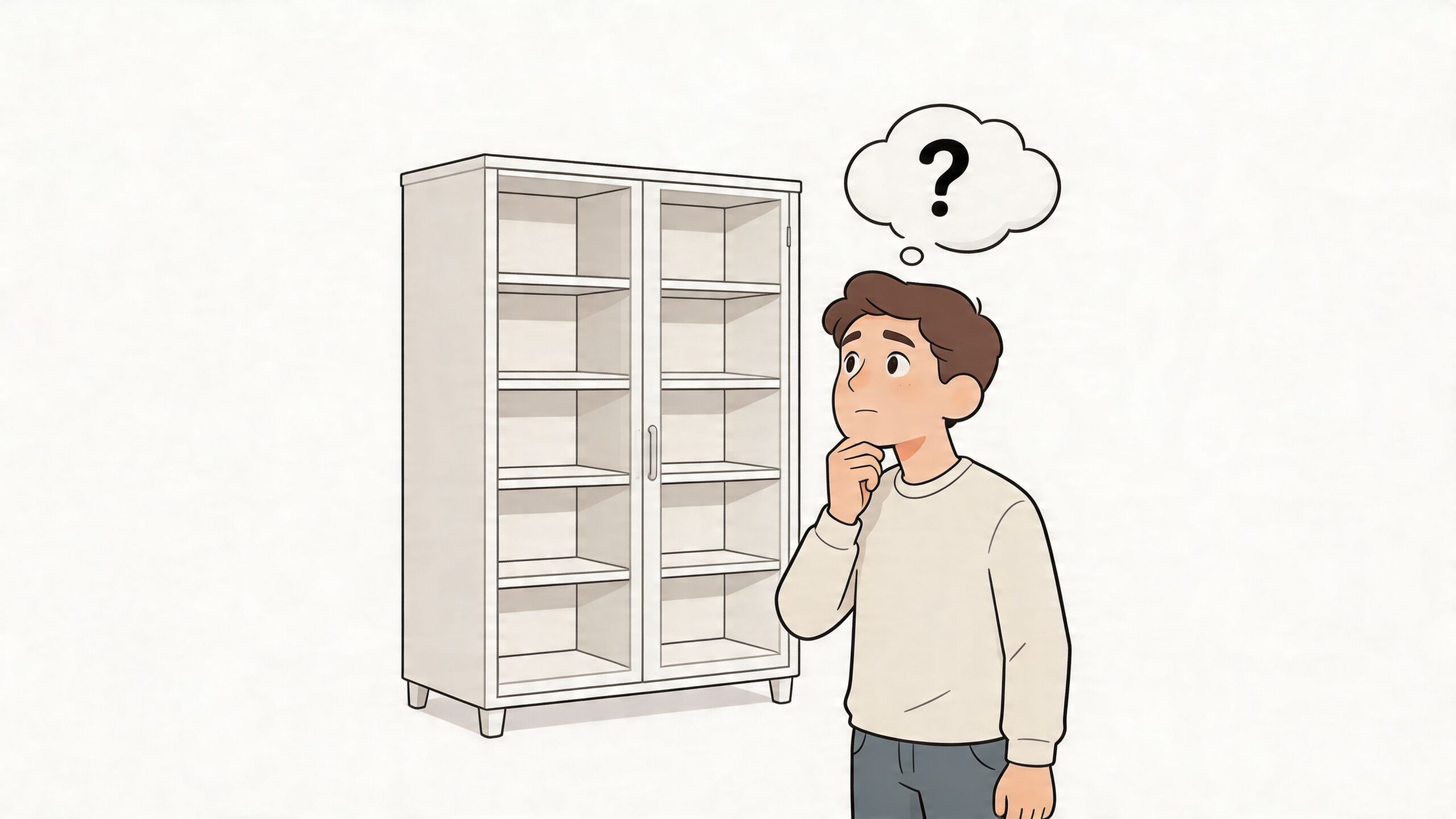 A person standing in front of an empty display cabinet, looking puzzled and thinking about design ideas.