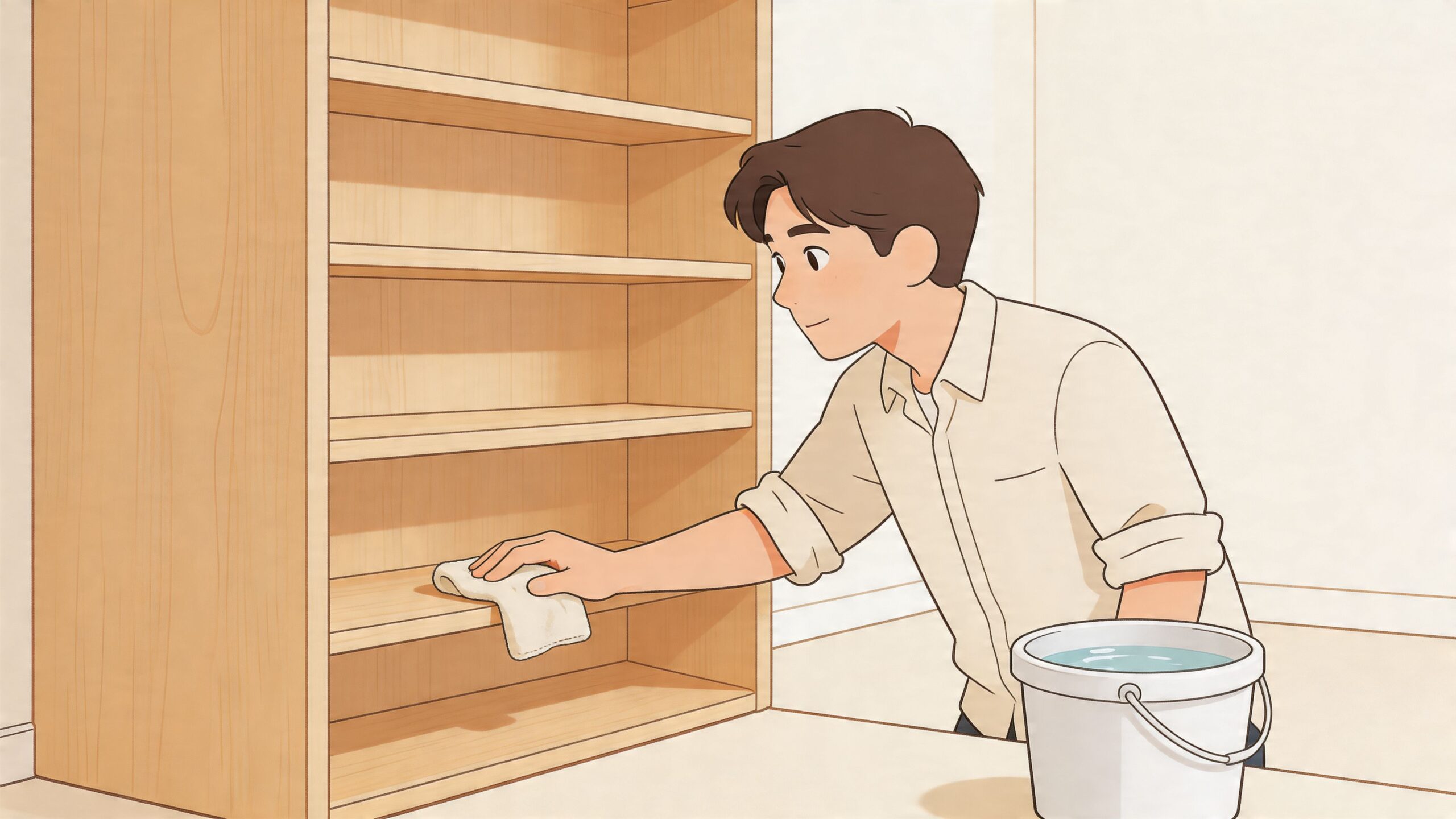 A young man carefully wiping down the wooden shelves of a storage cabinet with a damp cloth.