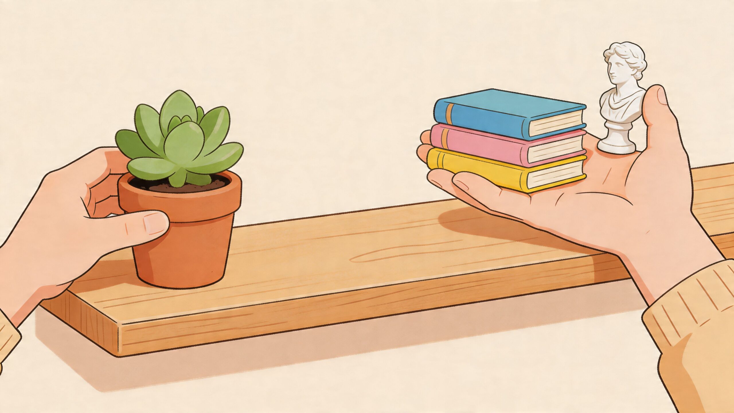 A person placing a potted succulent plant and books with a bust on a wooden shelf.