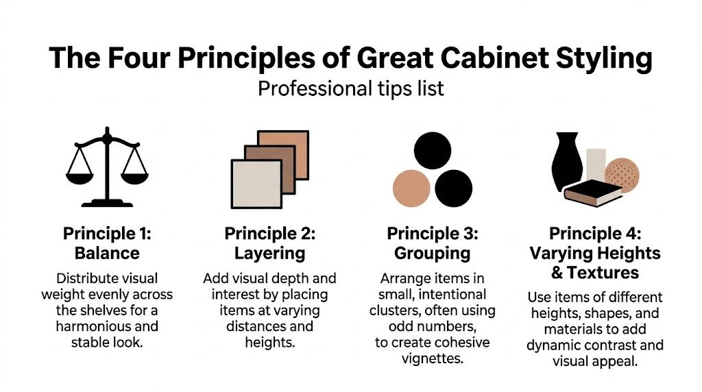 A graphic showing four principles for decorating cabinets: balance, layering, grouping, and varying heights and textures.