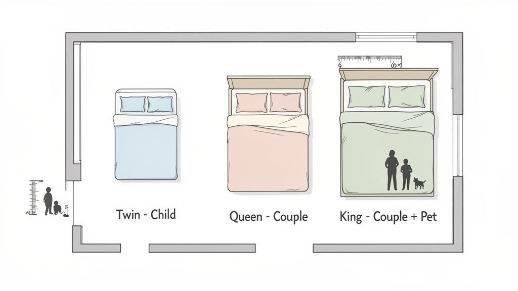 Floor plan comparing twin, queen, and king bed sizes for a child, couple, and couple with pet.