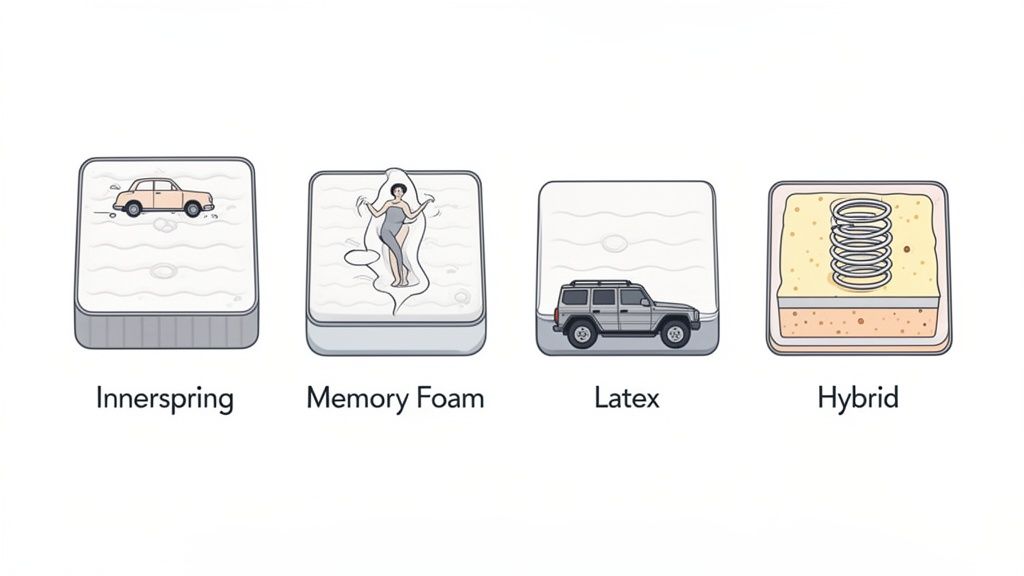 Illustrations of four mattress types: Innerspring, Memory Foam, Latex, and Hybrid, detailing their features.