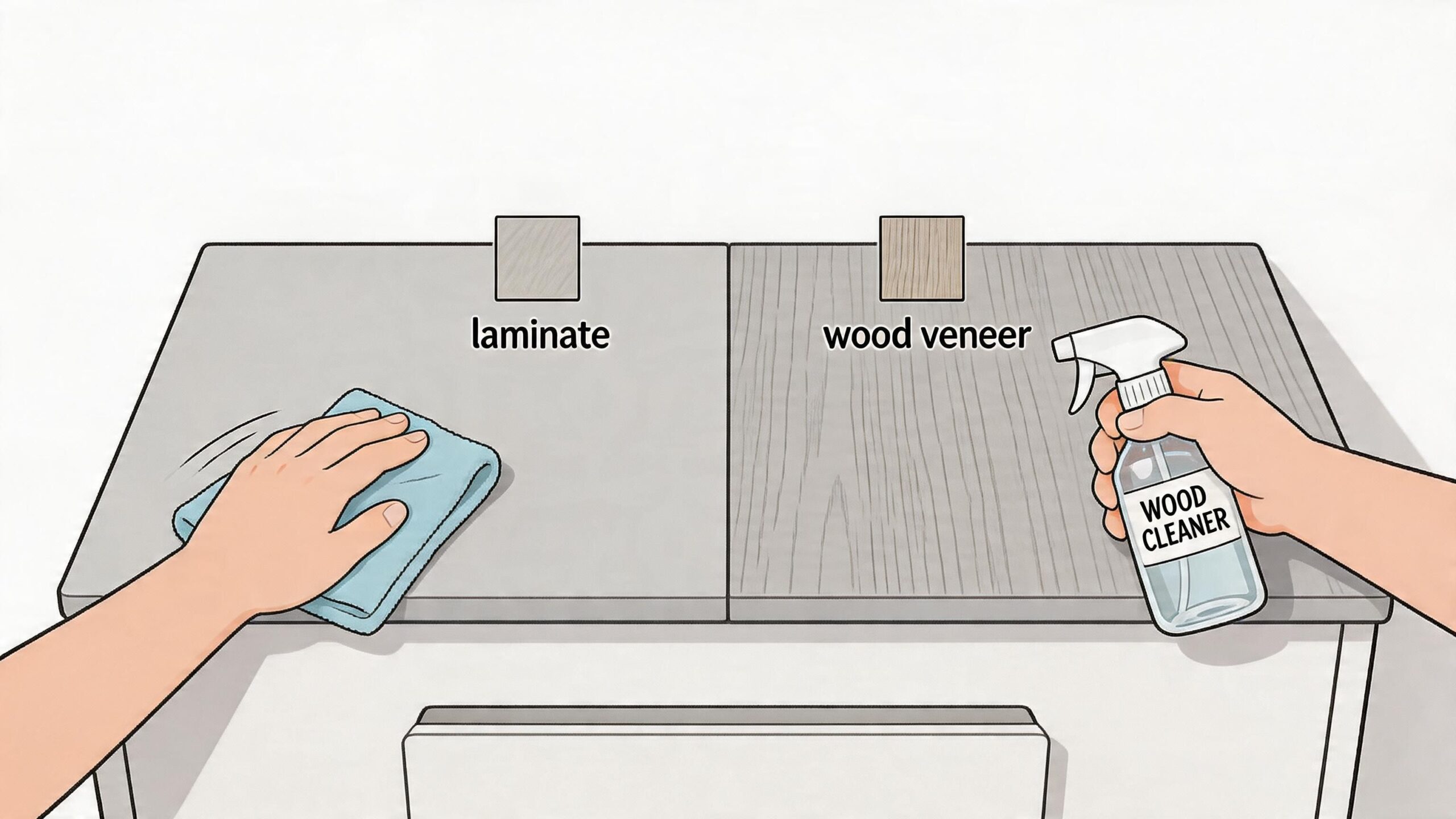 A person cleaning a white and grey dresser with a cloth and wood cleaner spray bottle.