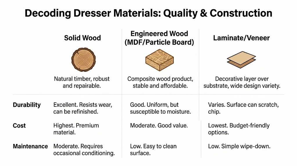 A comparison chart outlining the quality, durability, cost, and maintenance of dresser materials like wood and laminate.