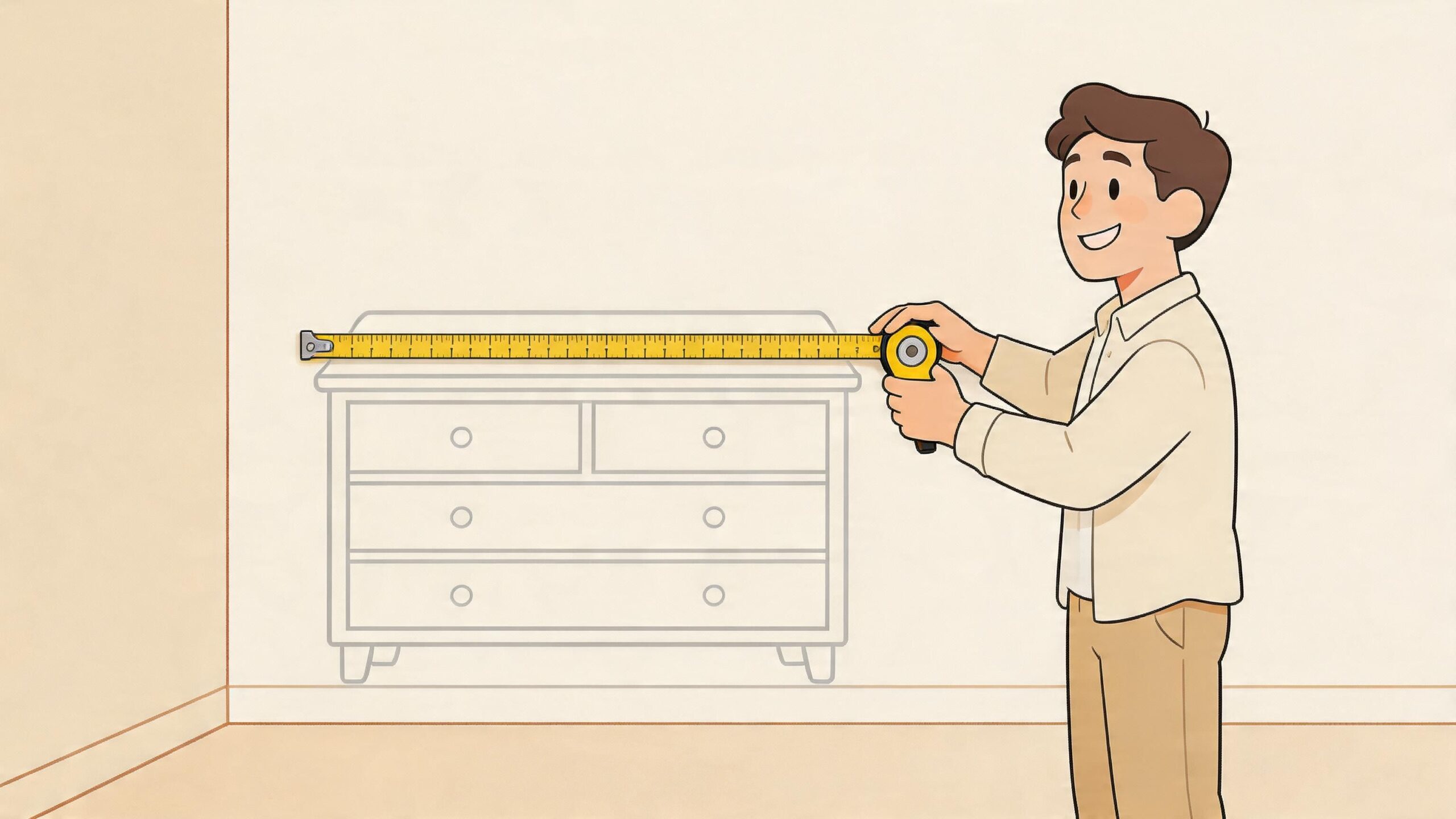 A happy young man standing in a room and using a tape measure on a dresser.